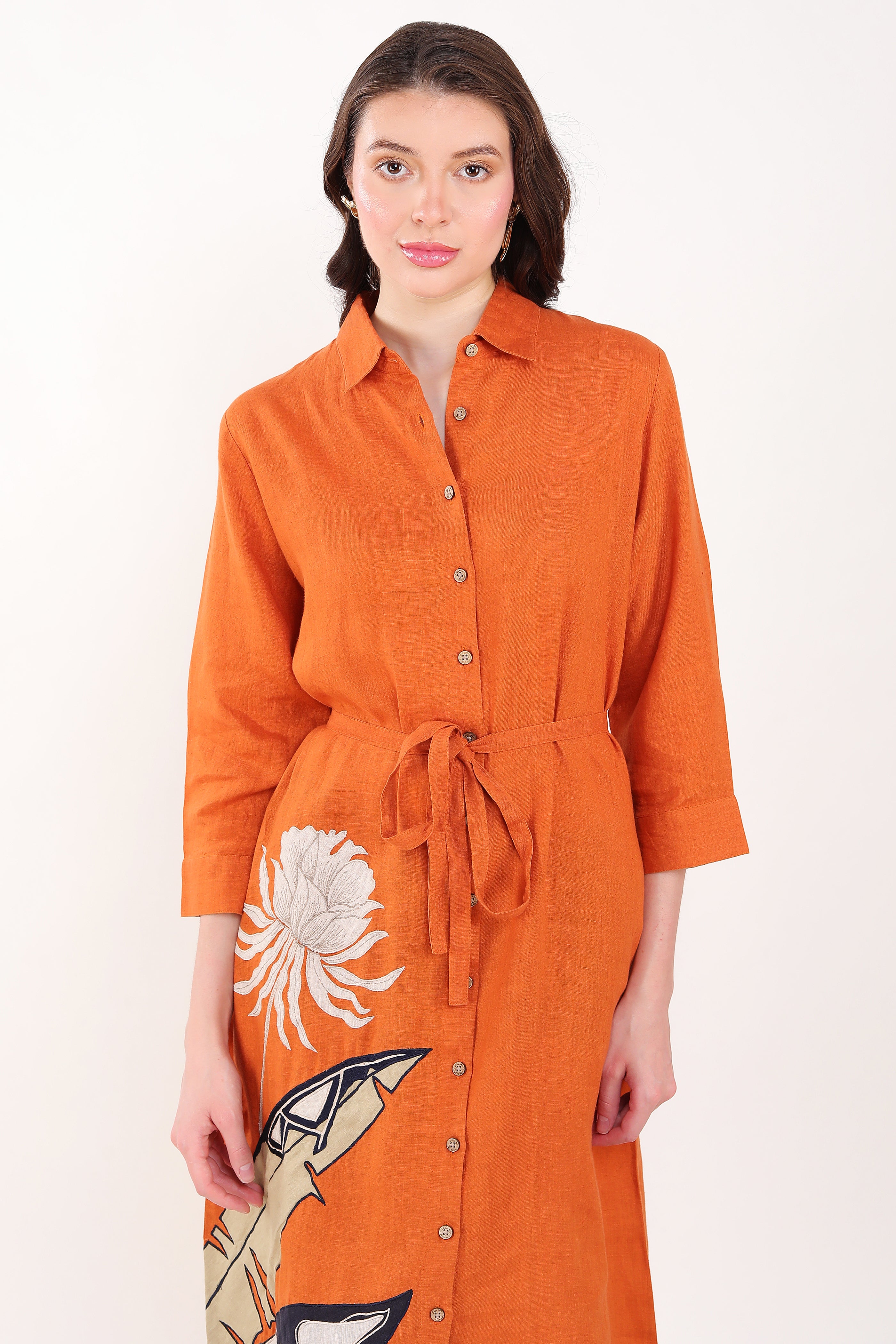 Orange Palm Leaf Embroidered Dress