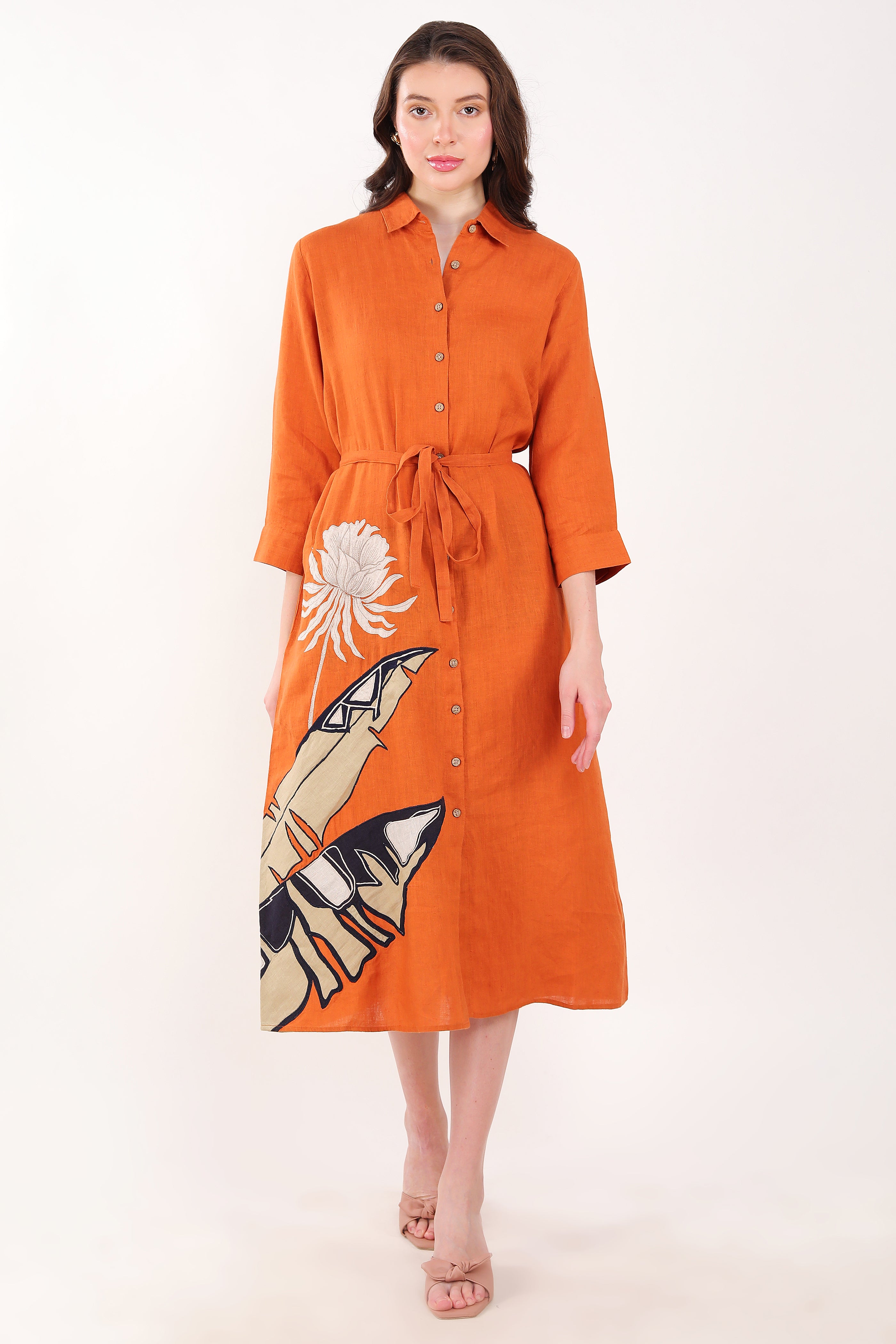 Orange Palm Leaf Embroidered Dress