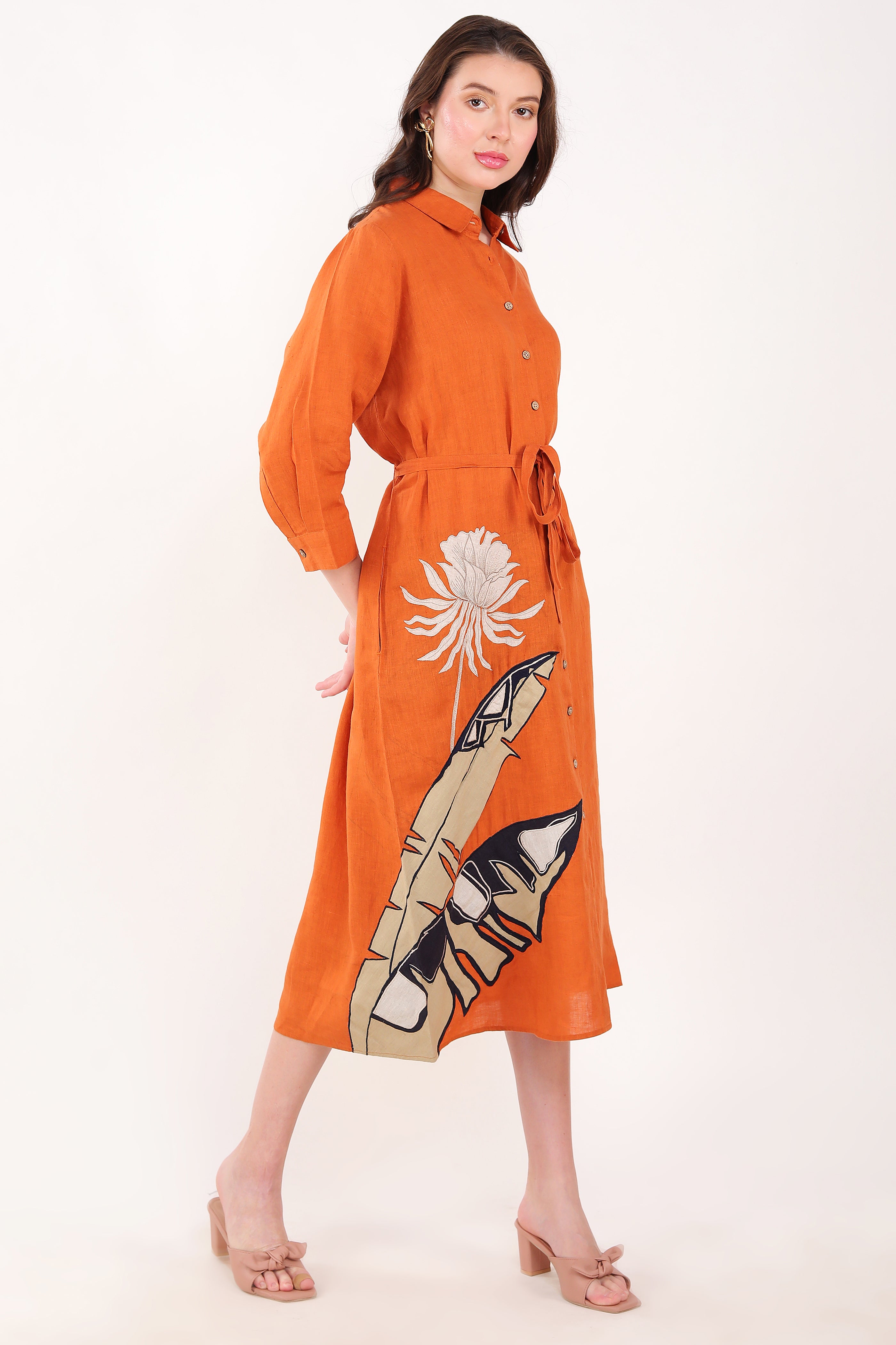 Orange Palm Leaf Embroidered Dress