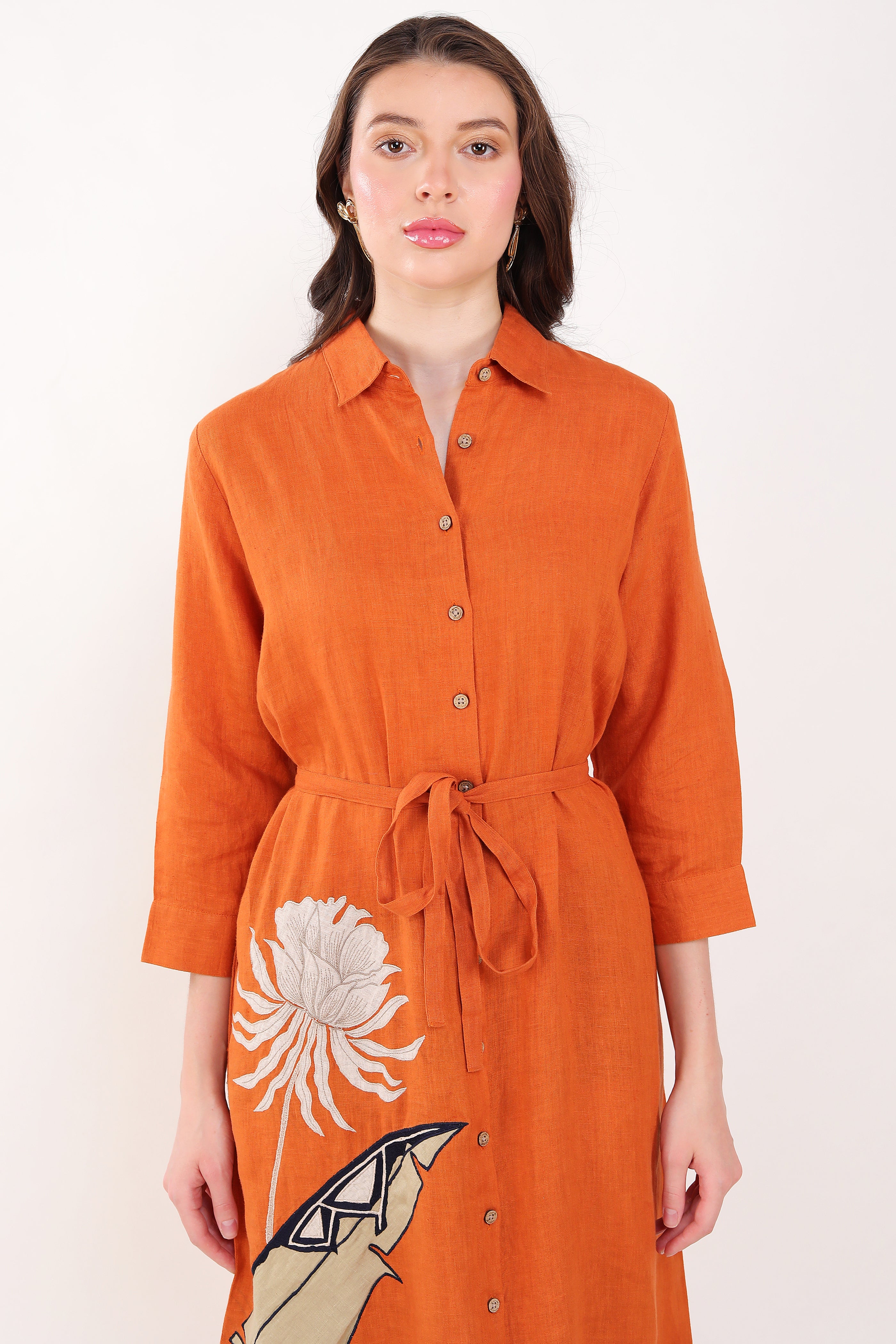 Orange Palm Leaf Embroidered Dress