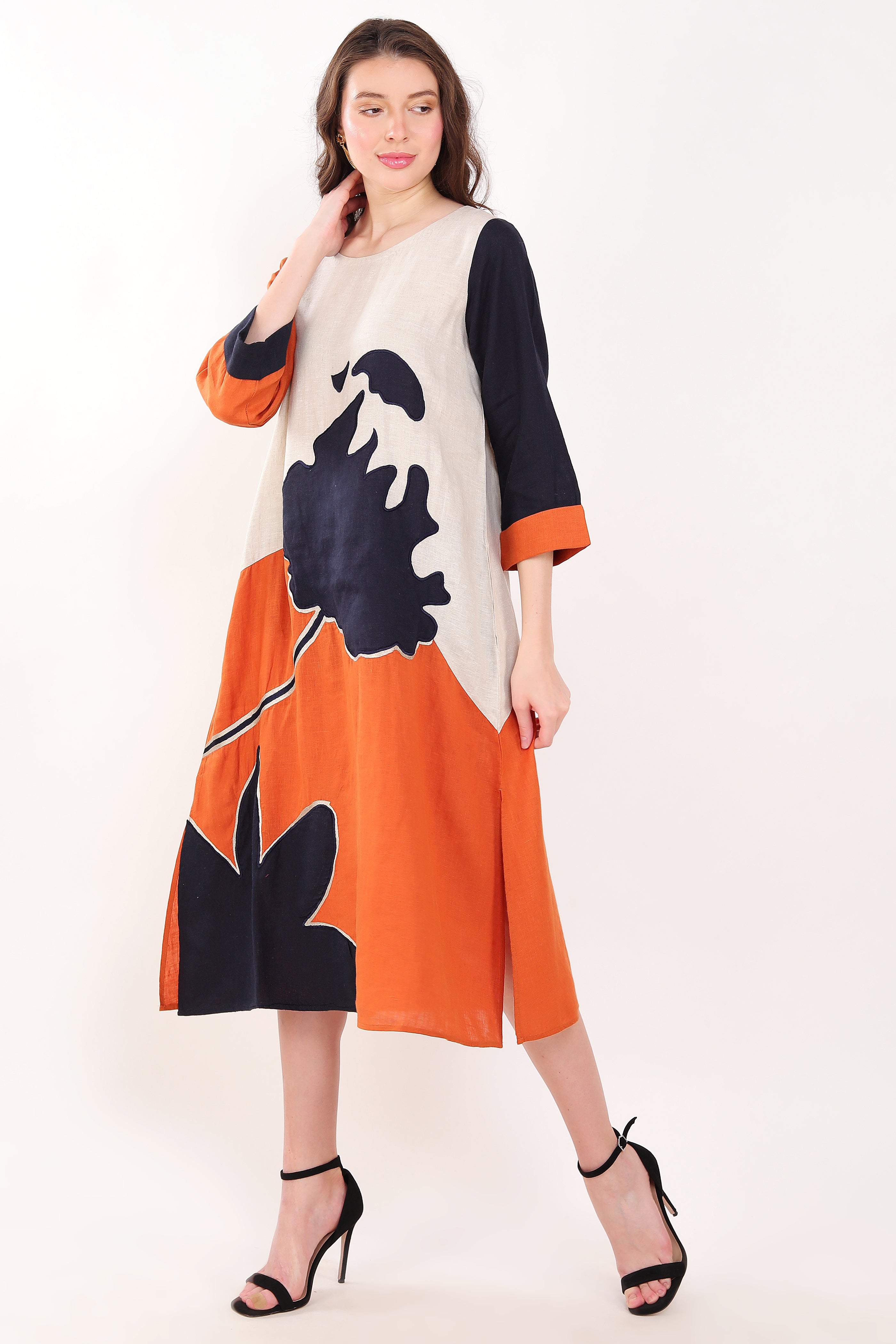 Orange and Navy Big Flower Embroidered Dress