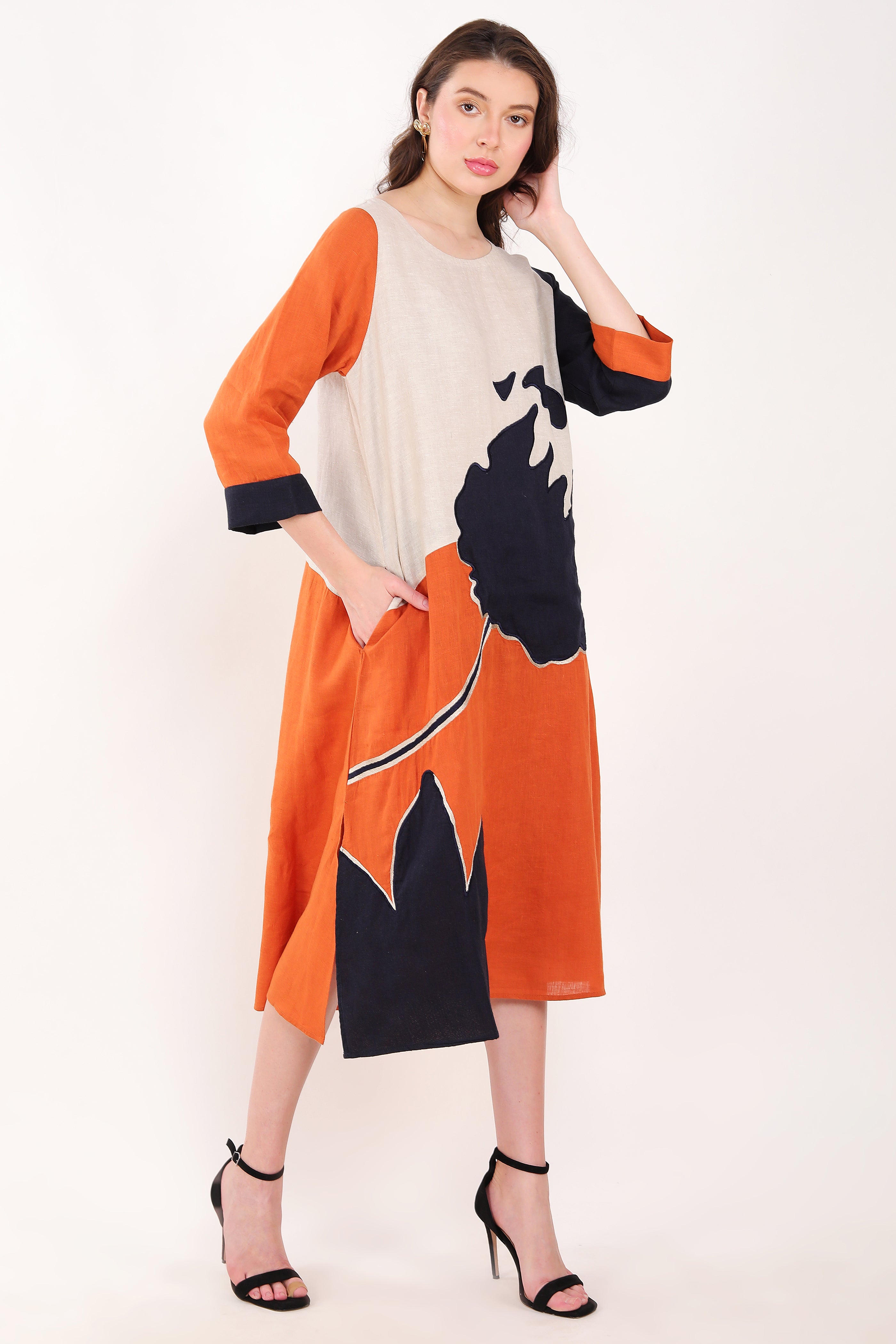 Orange and Navy Big Flower Embroidered Dress