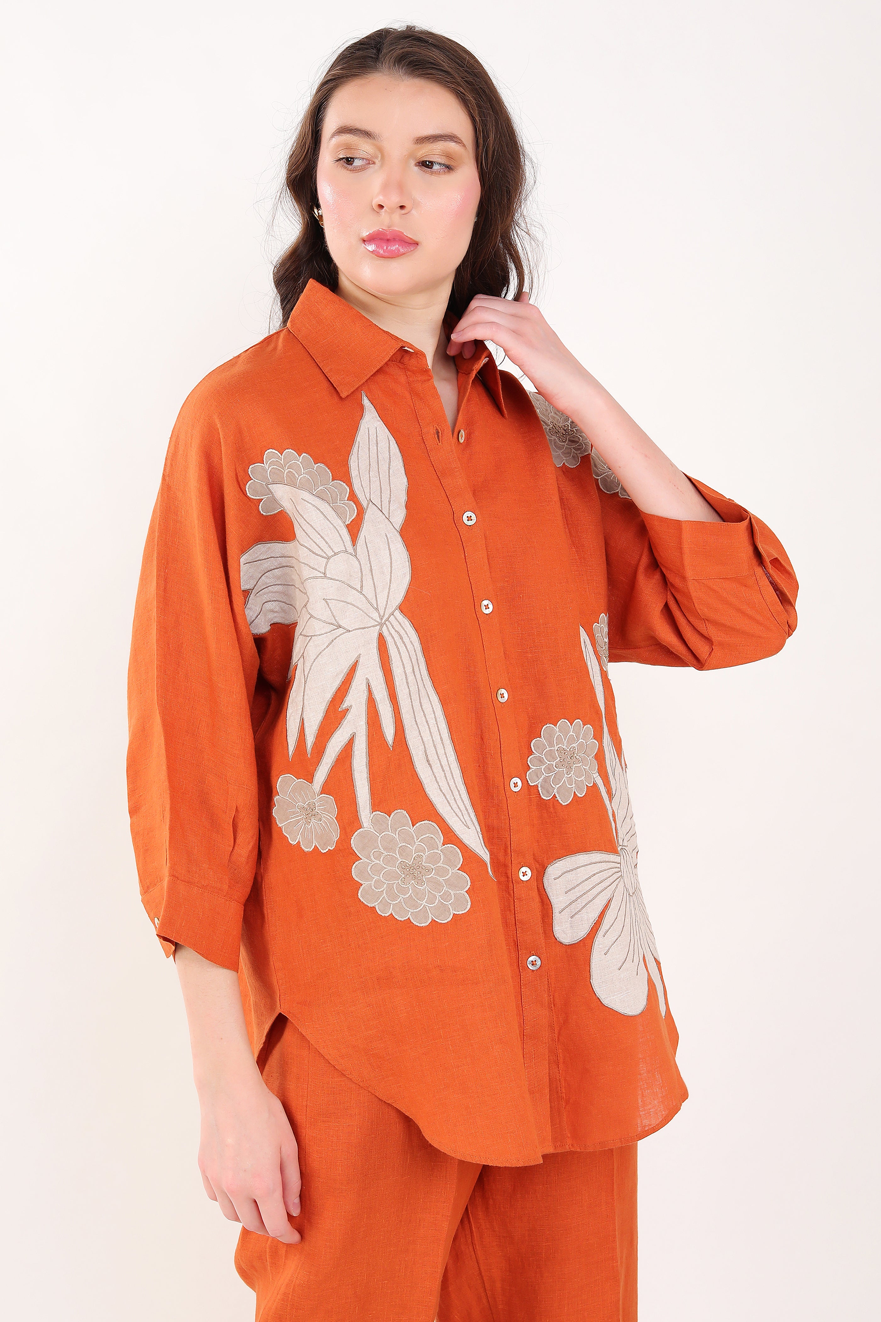 Orange Big Shirt with Floral Embroidery