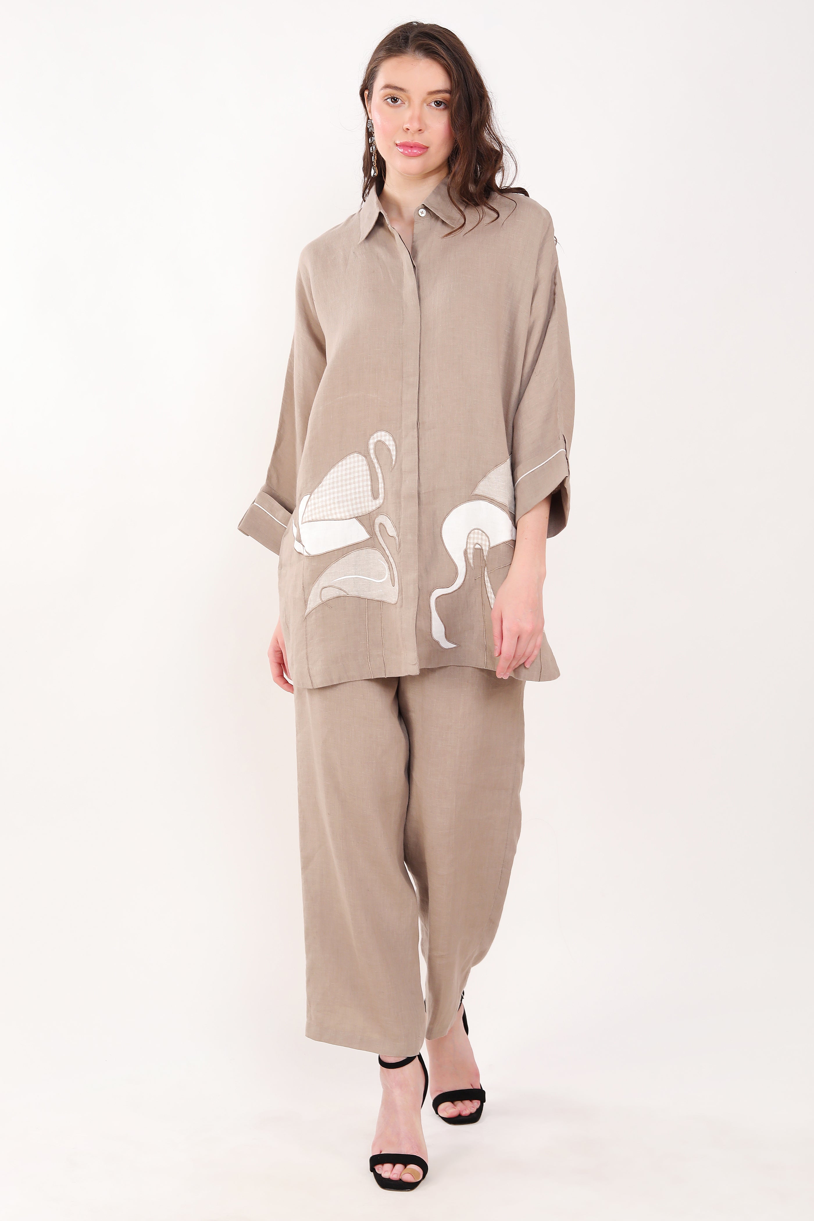 Khakhi Big Shirt With Flamingo Embroidery