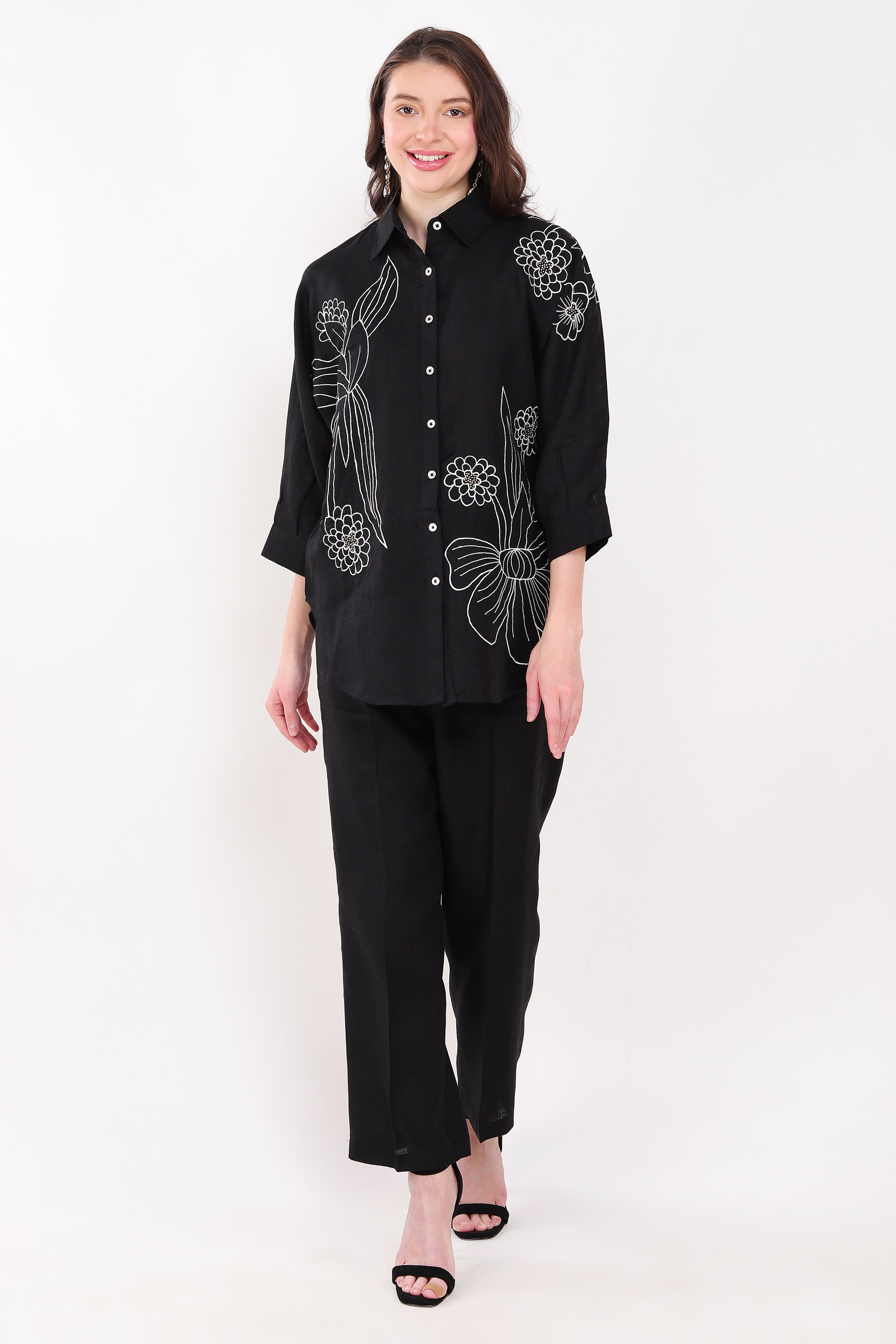 Black  Flower Embroidered Big Shirt