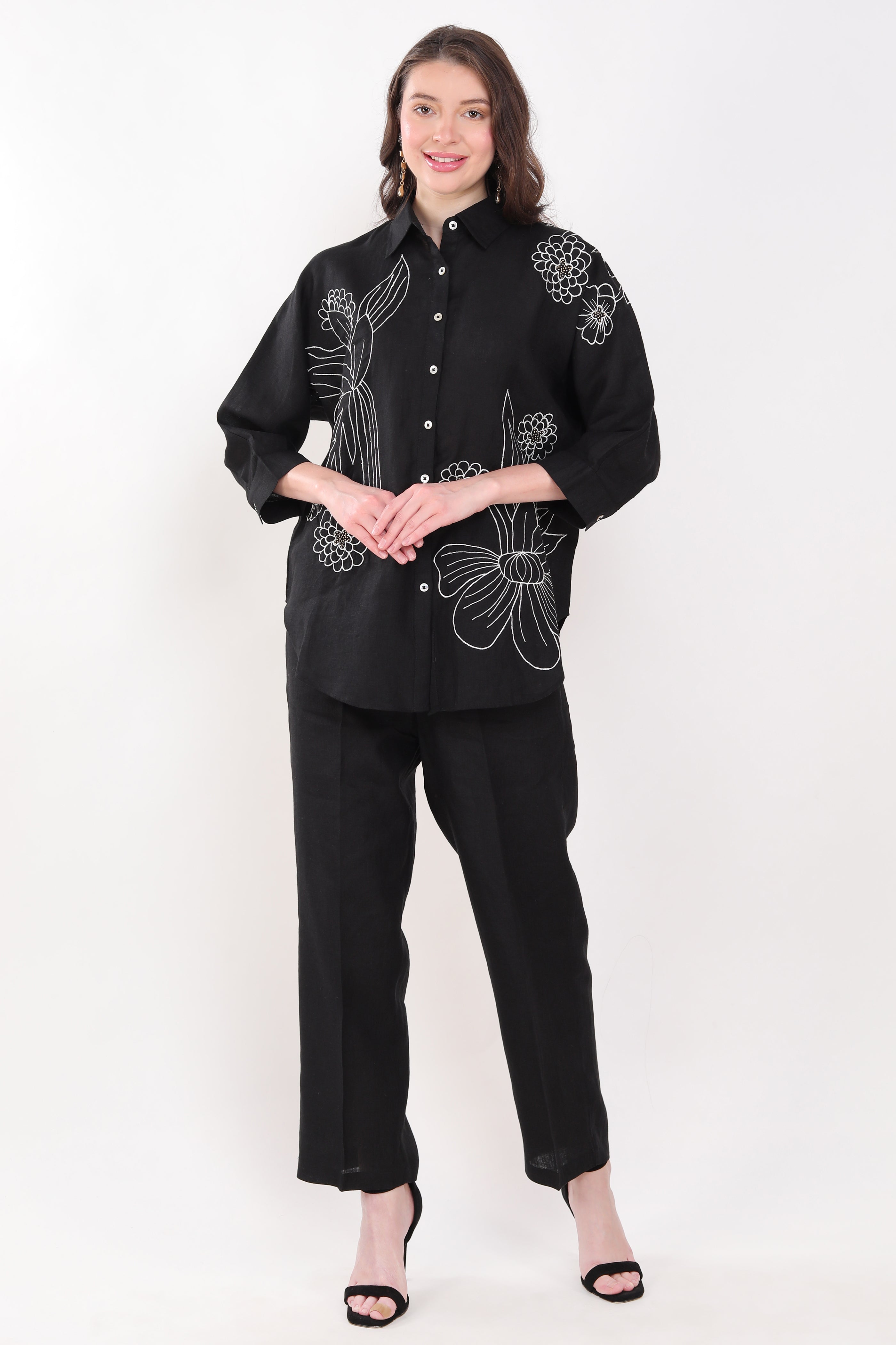 Black  Flower Embroidered Big Shirt