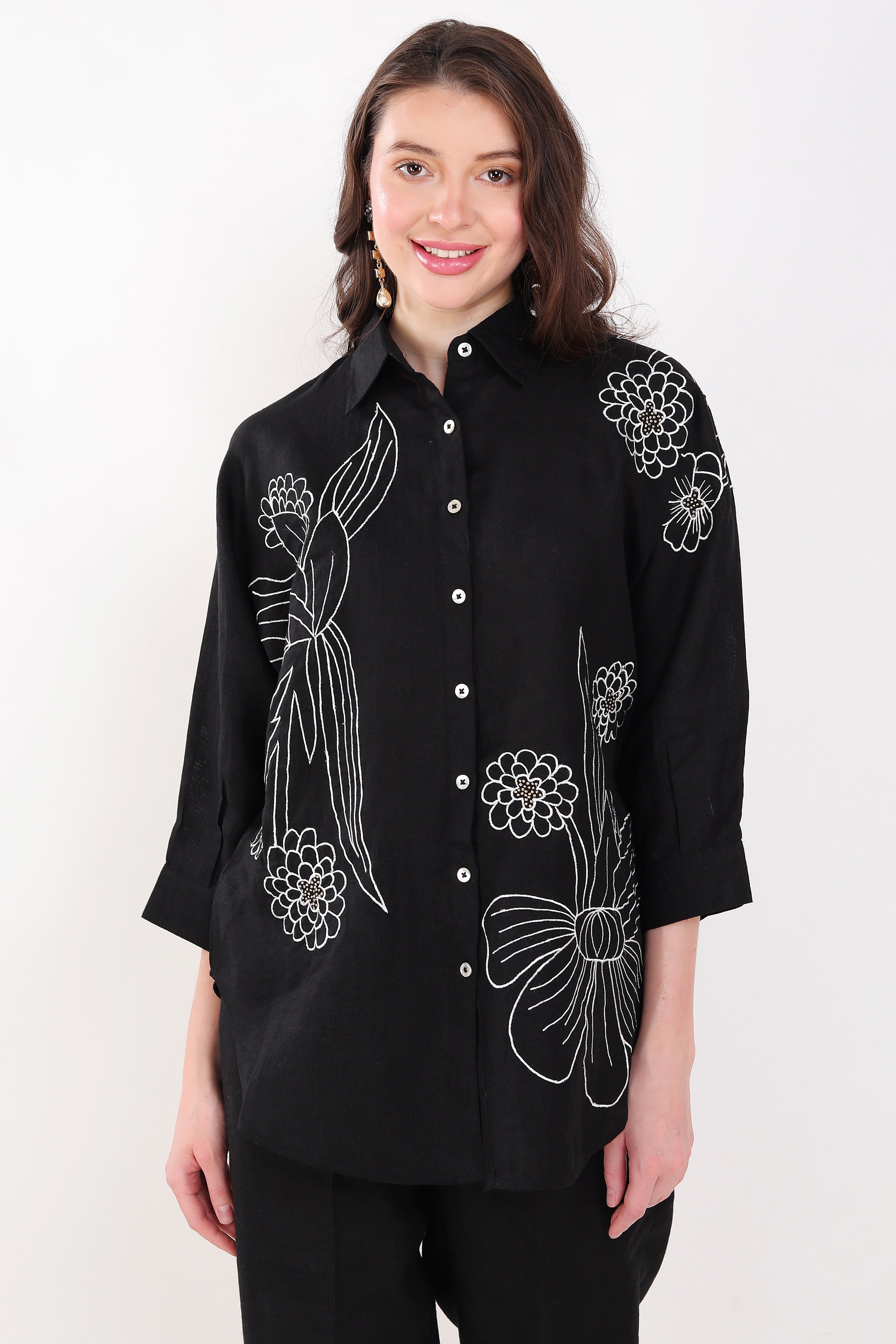 Black  Flower Embroidered Big Shirt