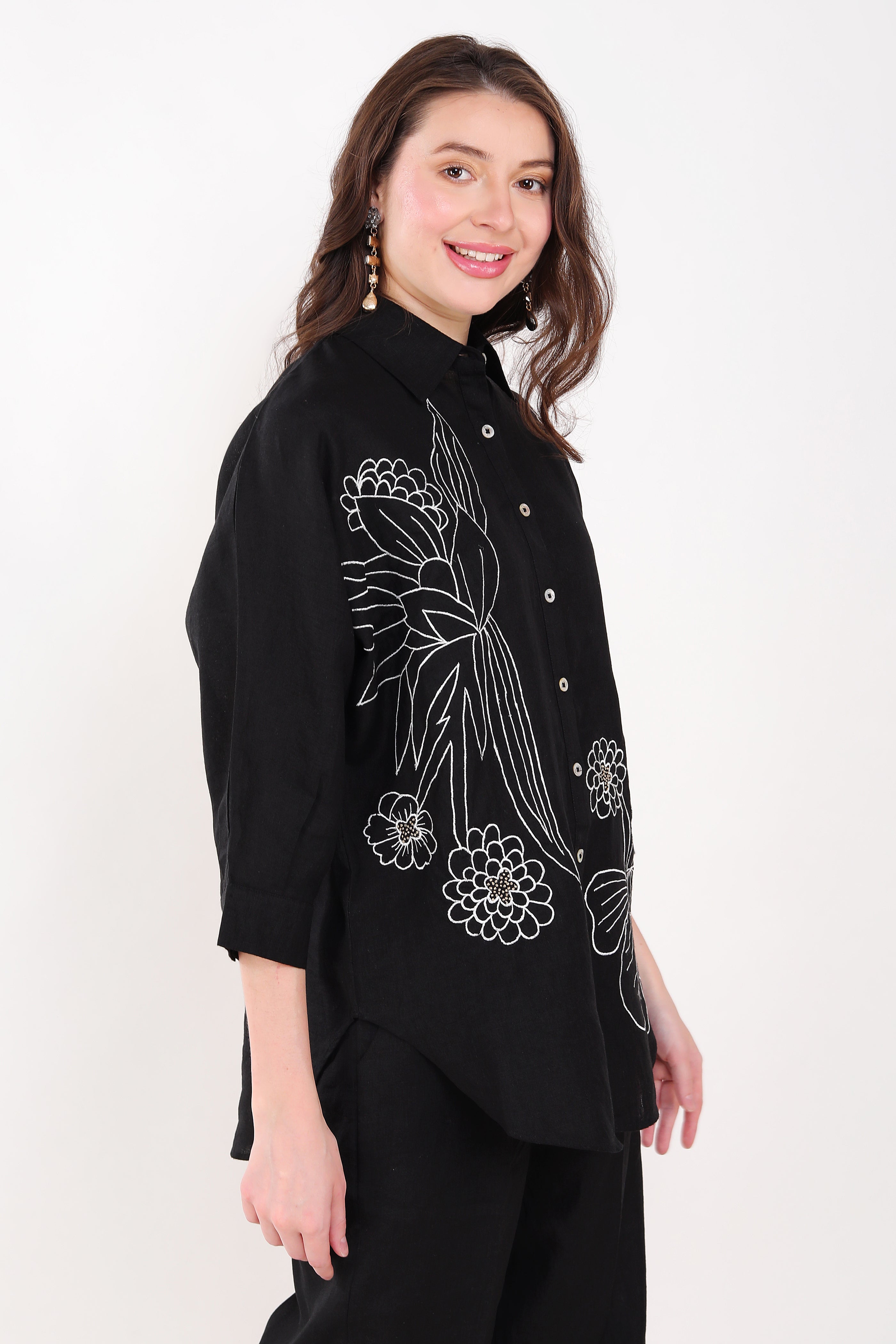 Black  Flower Embroidered Big Shirt