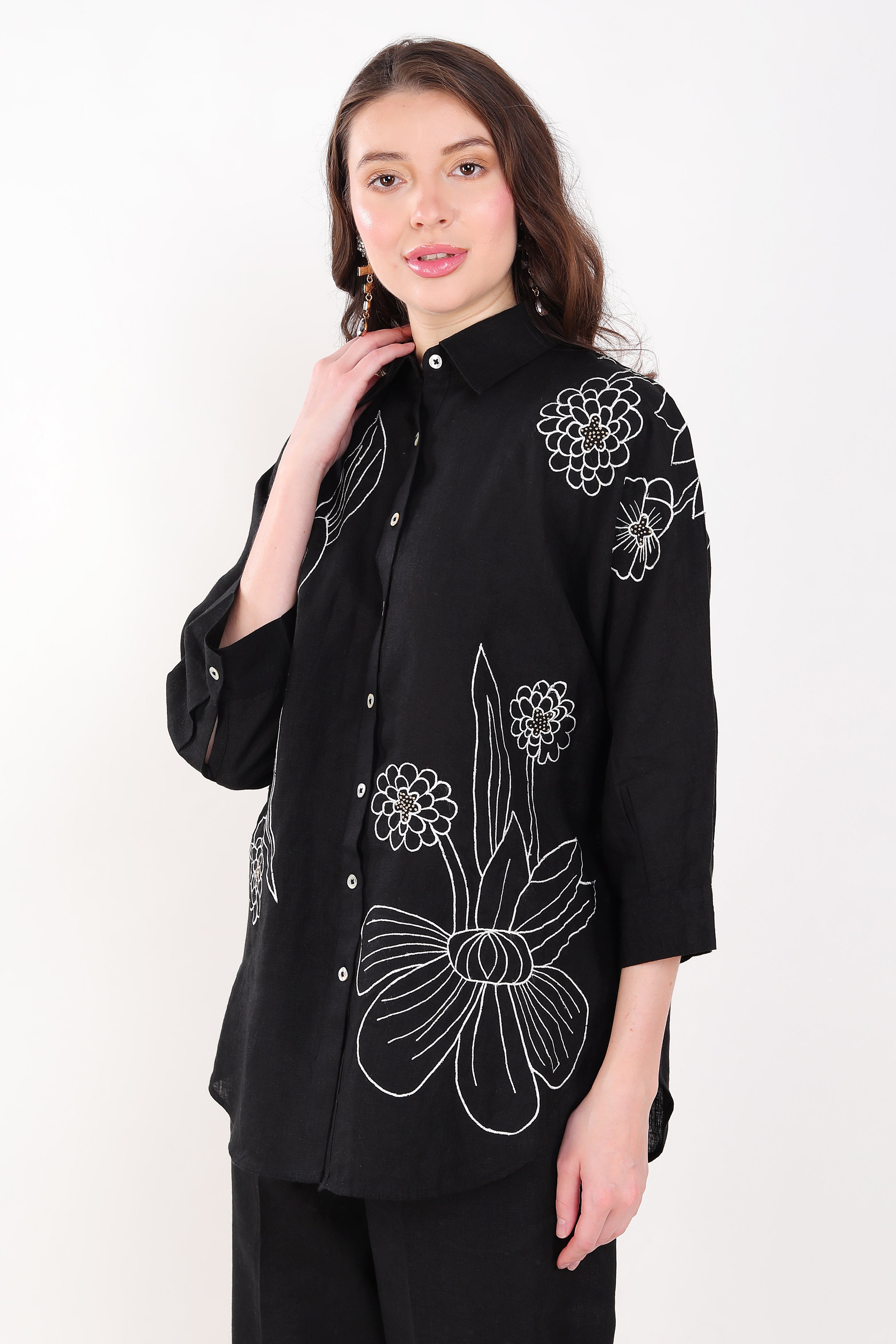 Black  Flower Embroidered Big Shirt