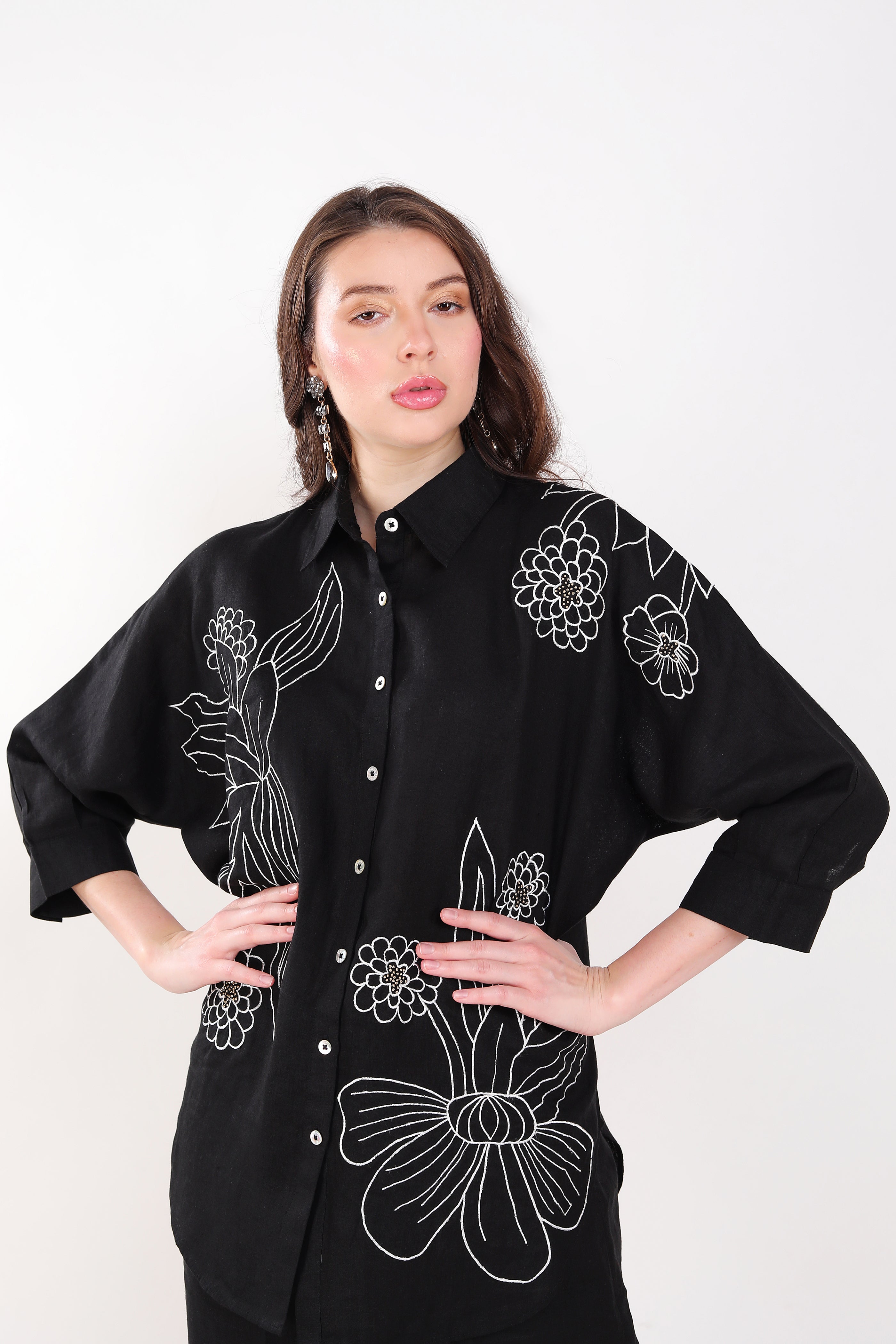 Black  Flower Embroidered Big Shirt