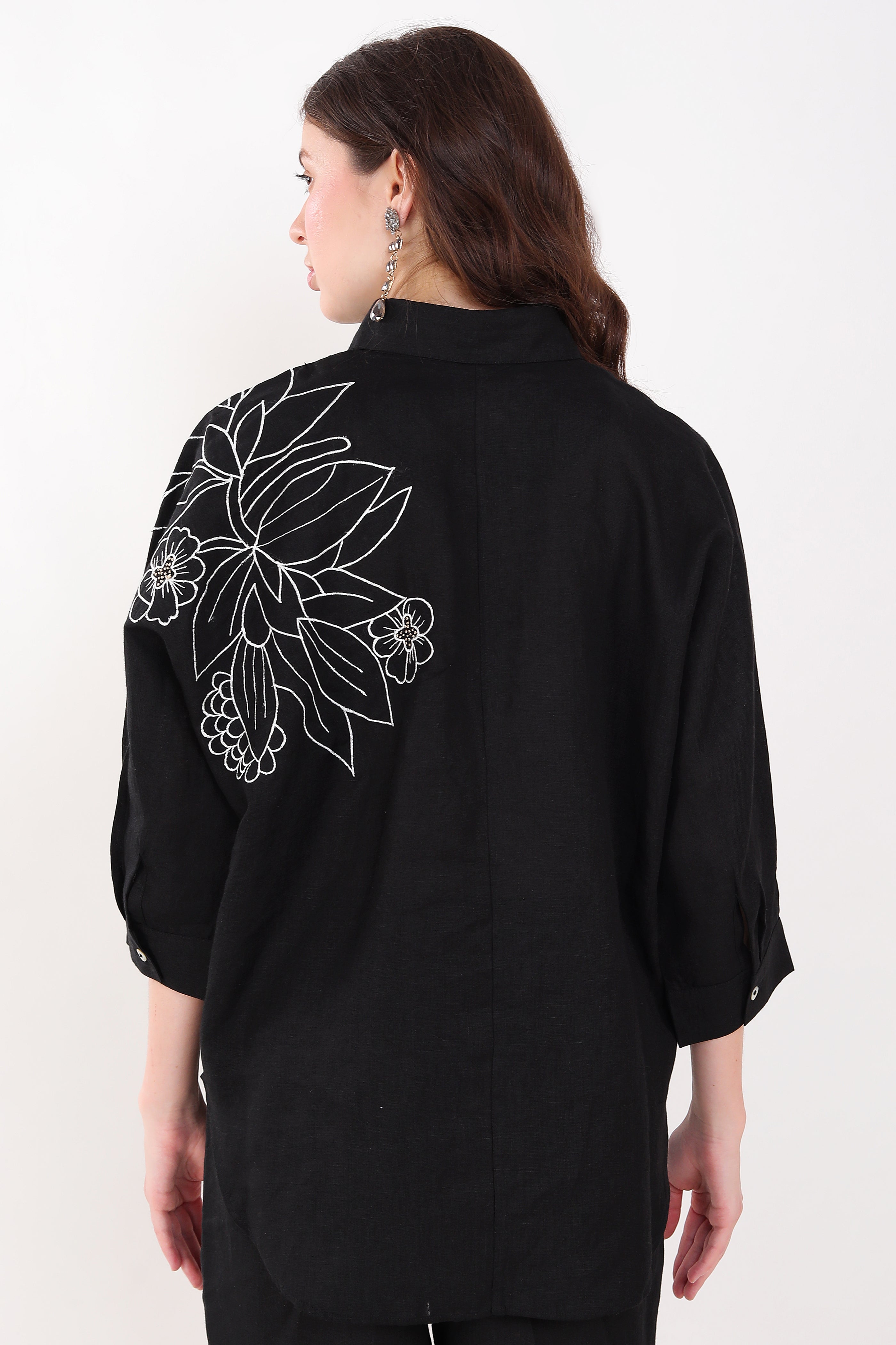 Black  Flower Embroidered Big Shirt