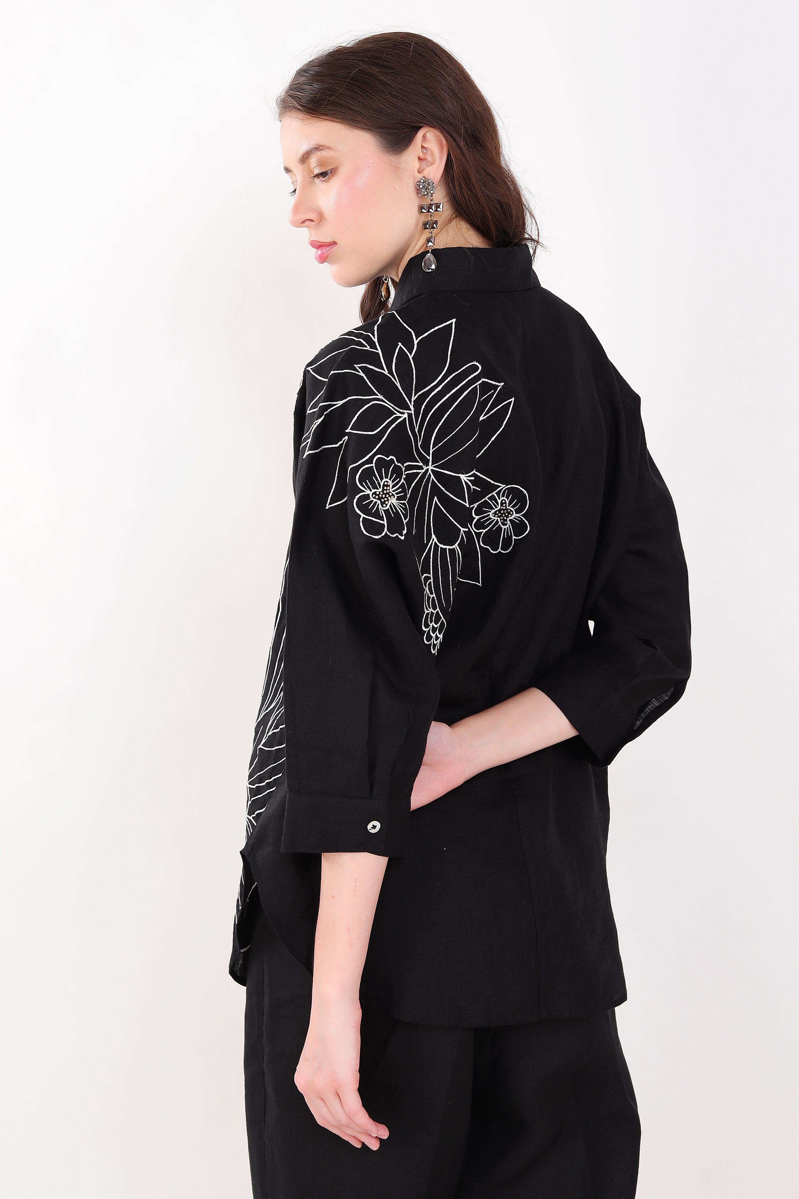 Black  Flower Embroidered Big Shirt