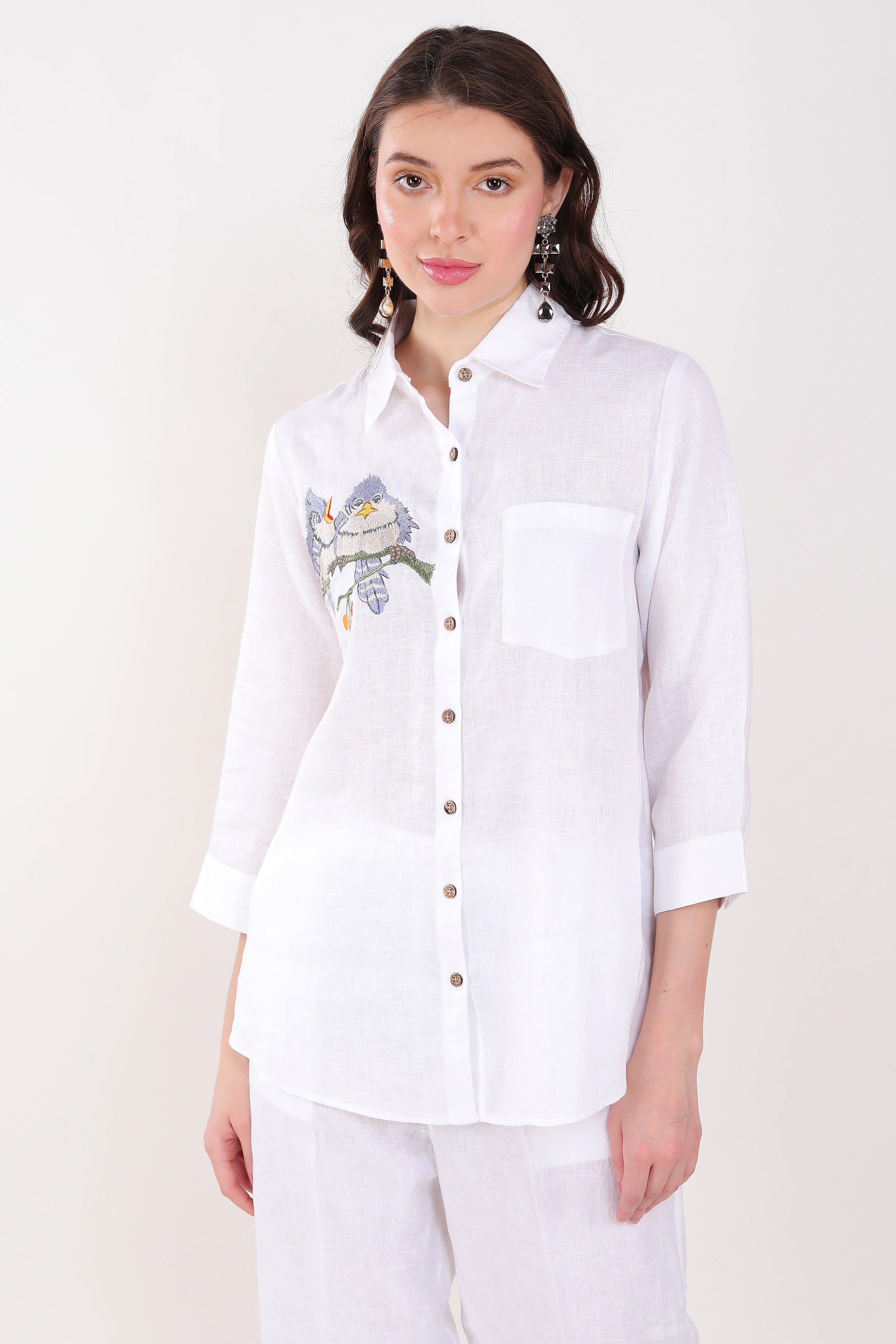 White Shirt Blue Bird Embroidery