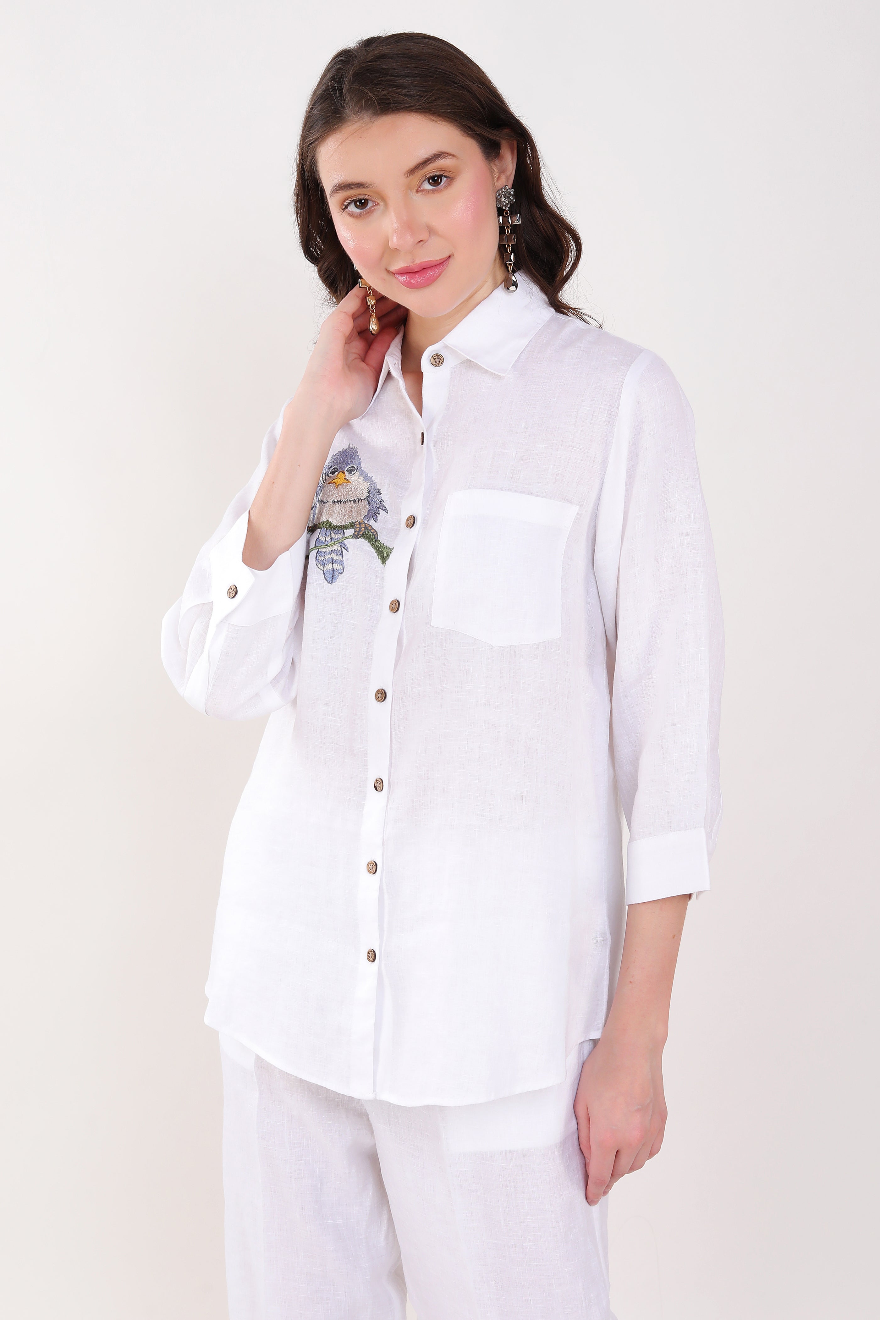 White Shirt Blue Bird Embroidery