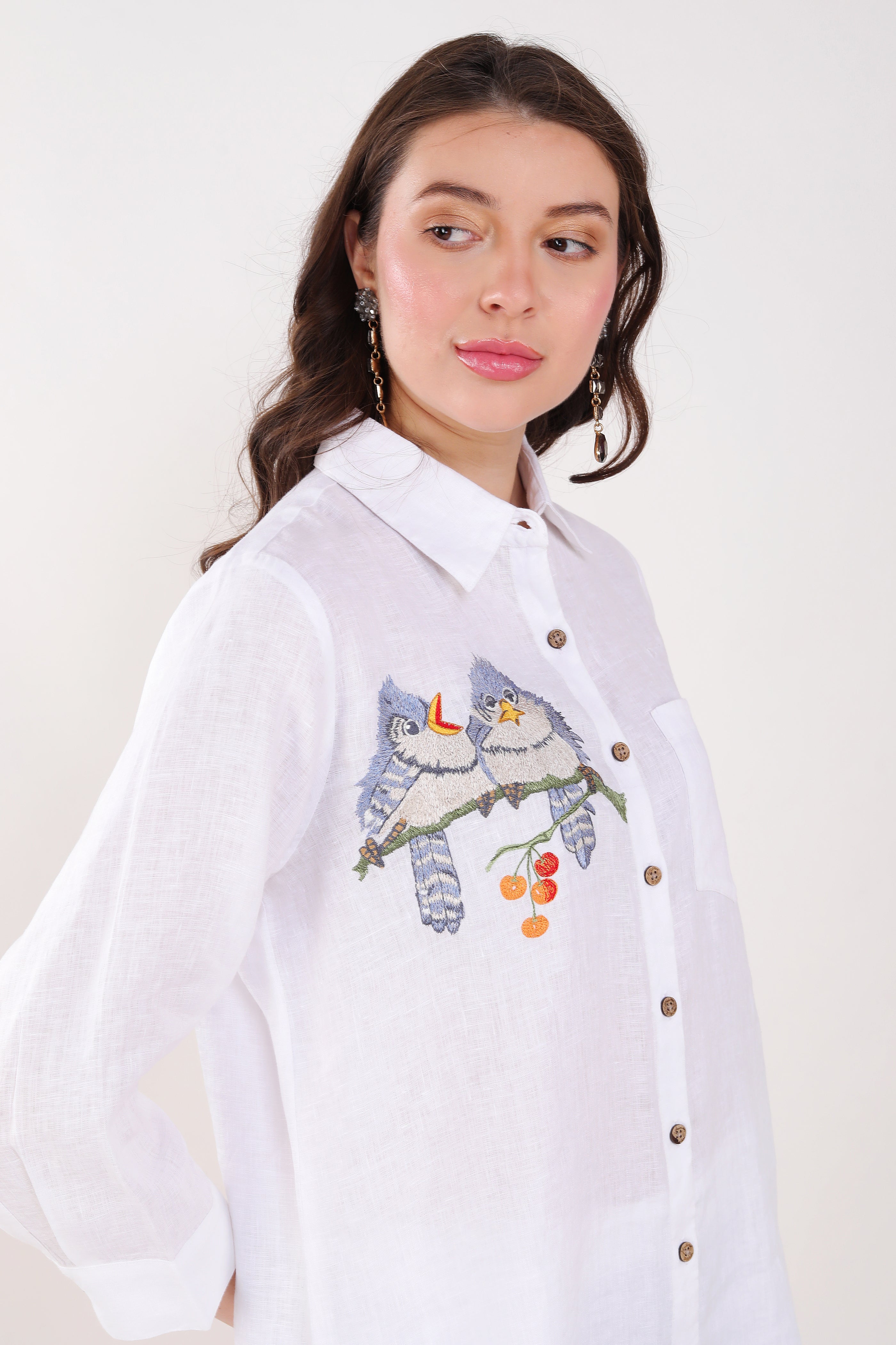 White Shirt Blue Bird Embroidery