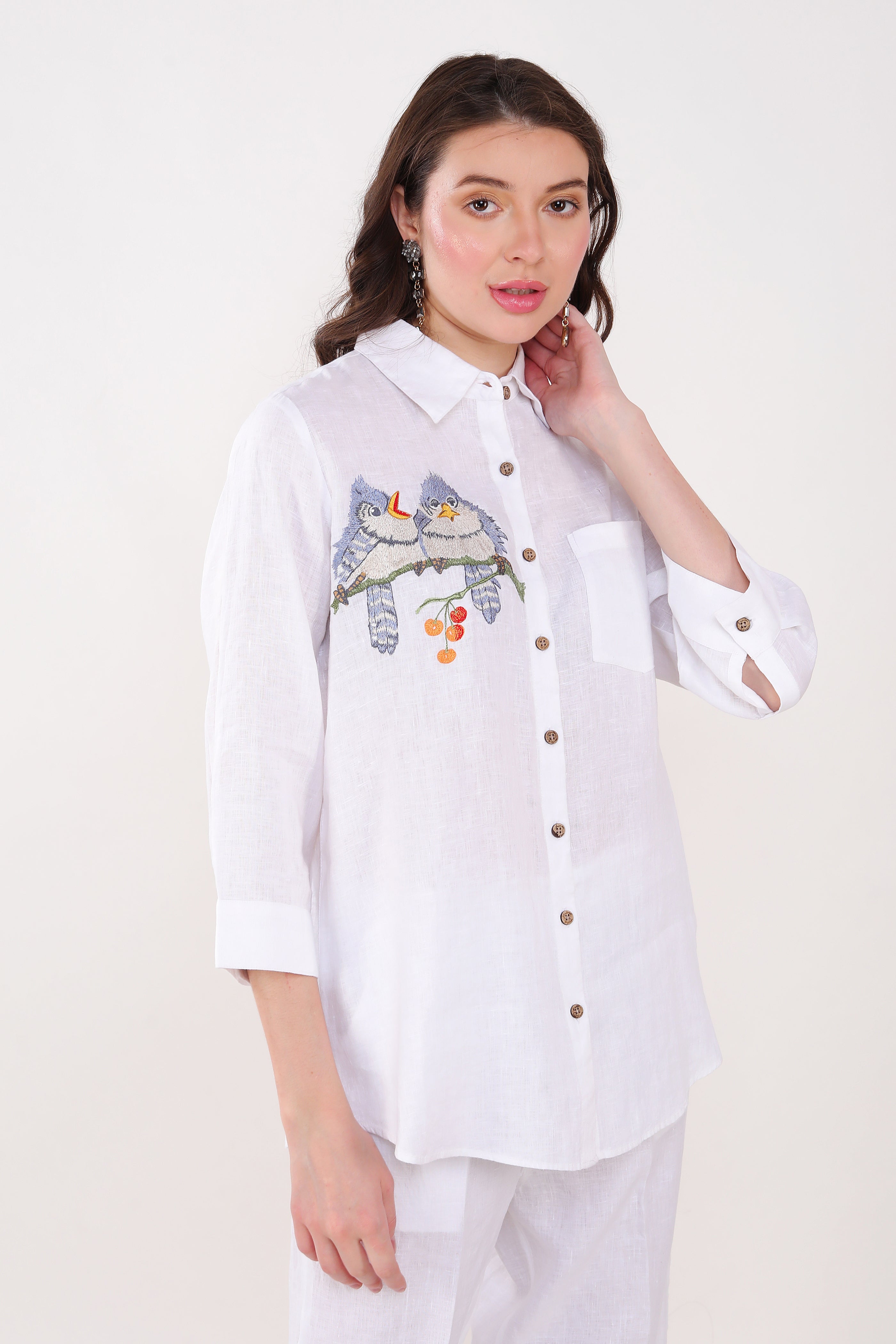 White Shirt Blue Bird Embroidery