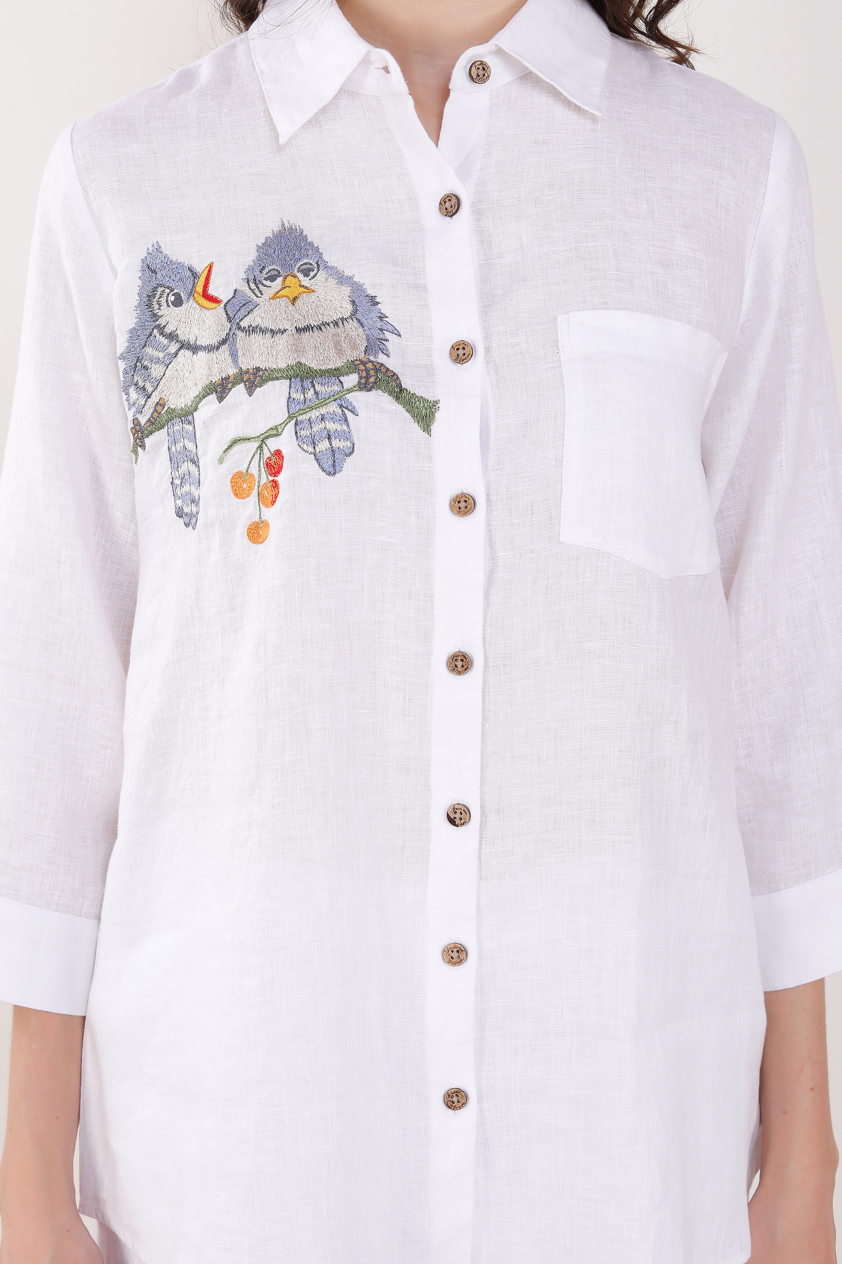 White Shirt Blue Bird Embroidery