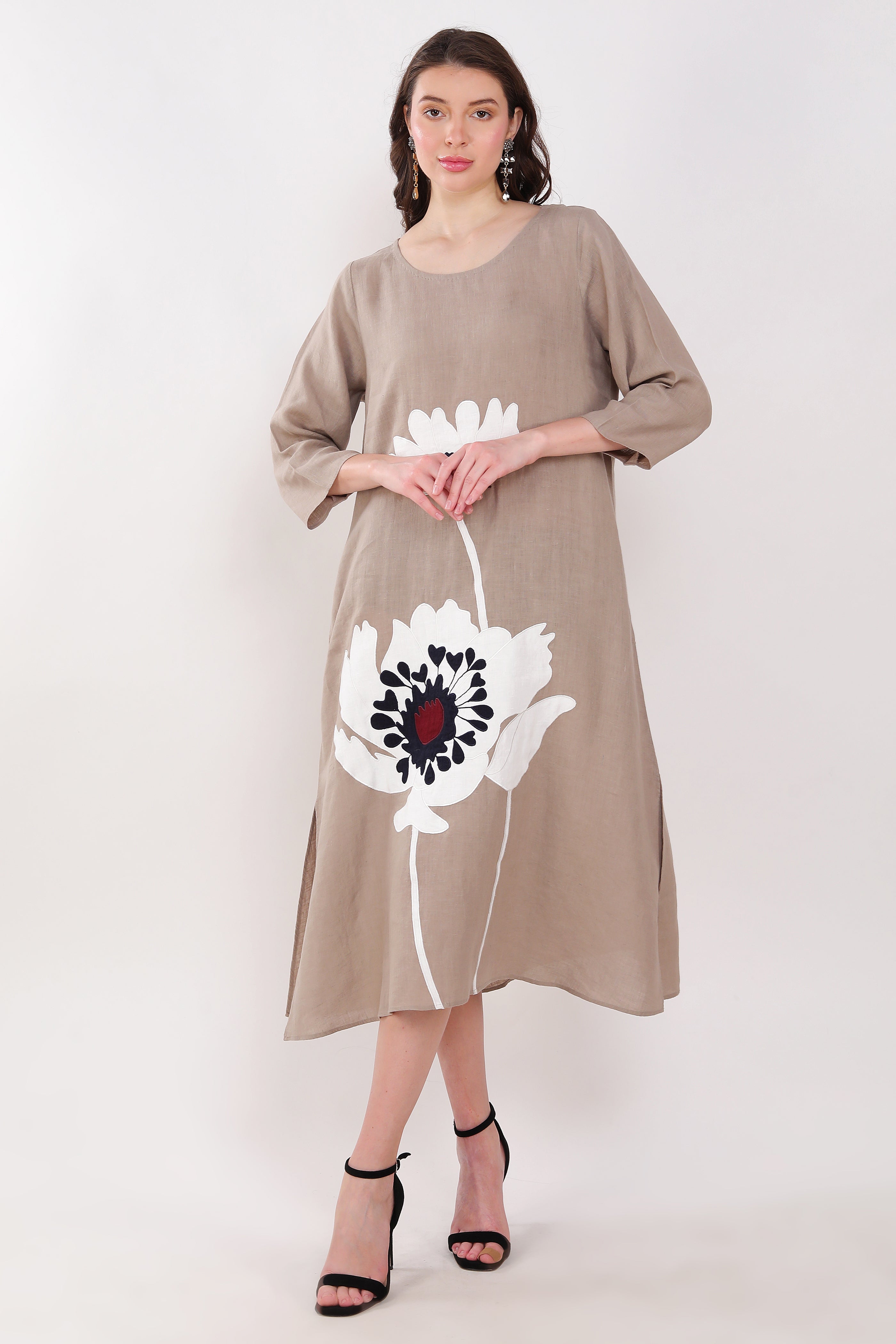 Khakhi Big Floral Embroidered Dress