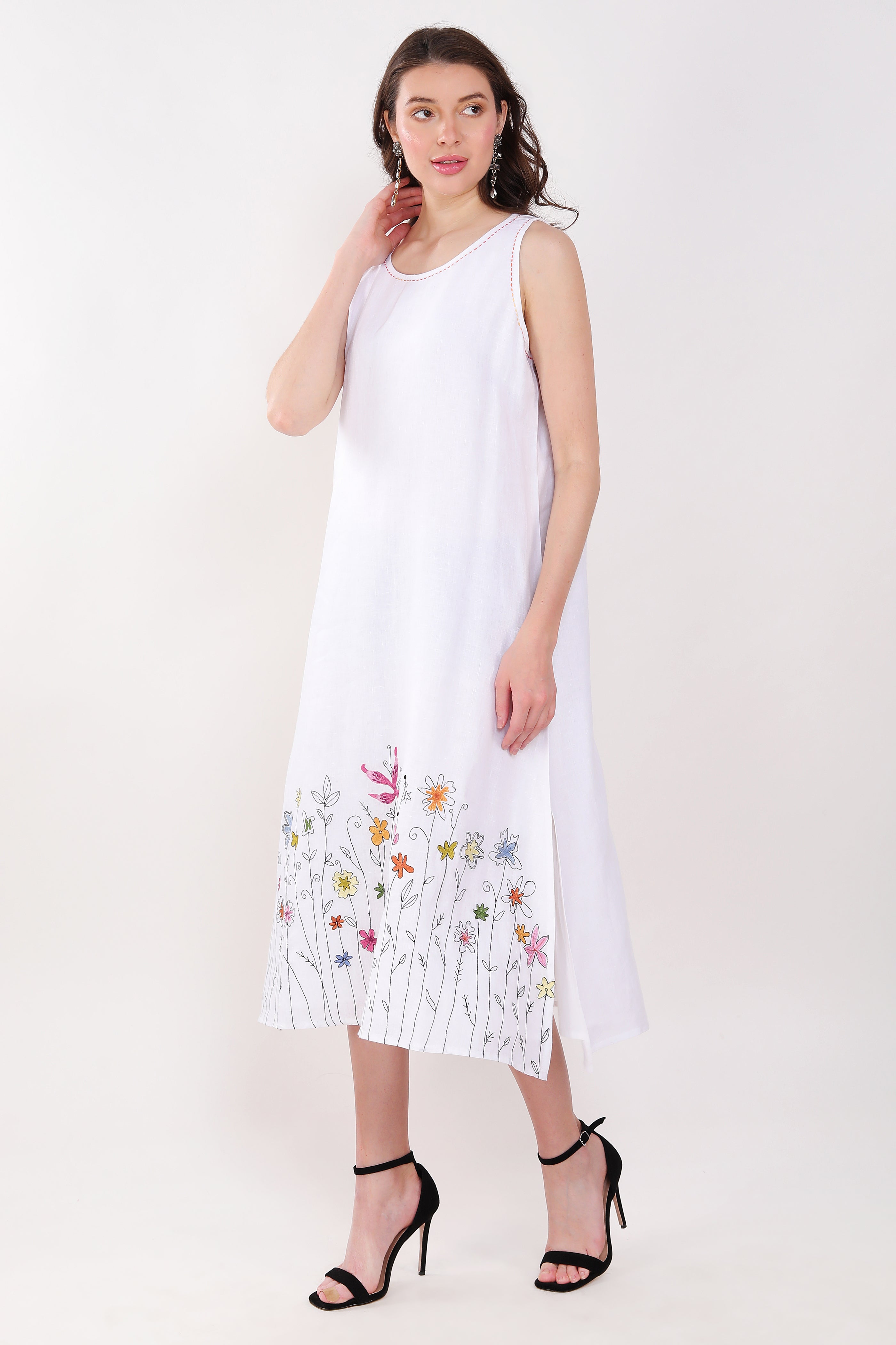 White Sleevless Dress With Floral Embroidery