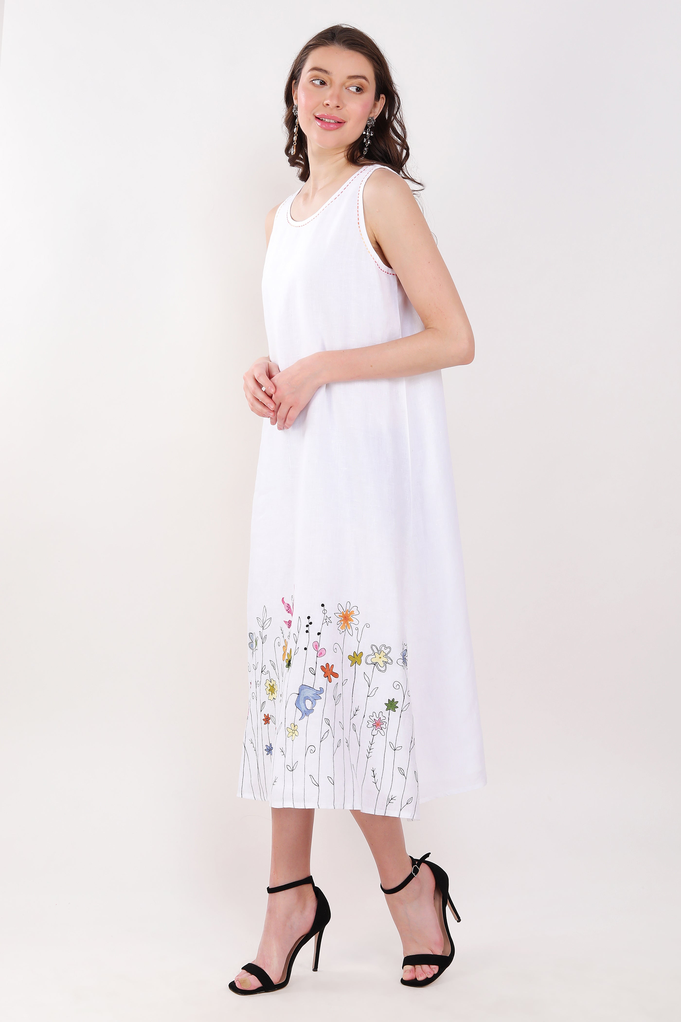 White Sleevless Dress With Floral Embroidery