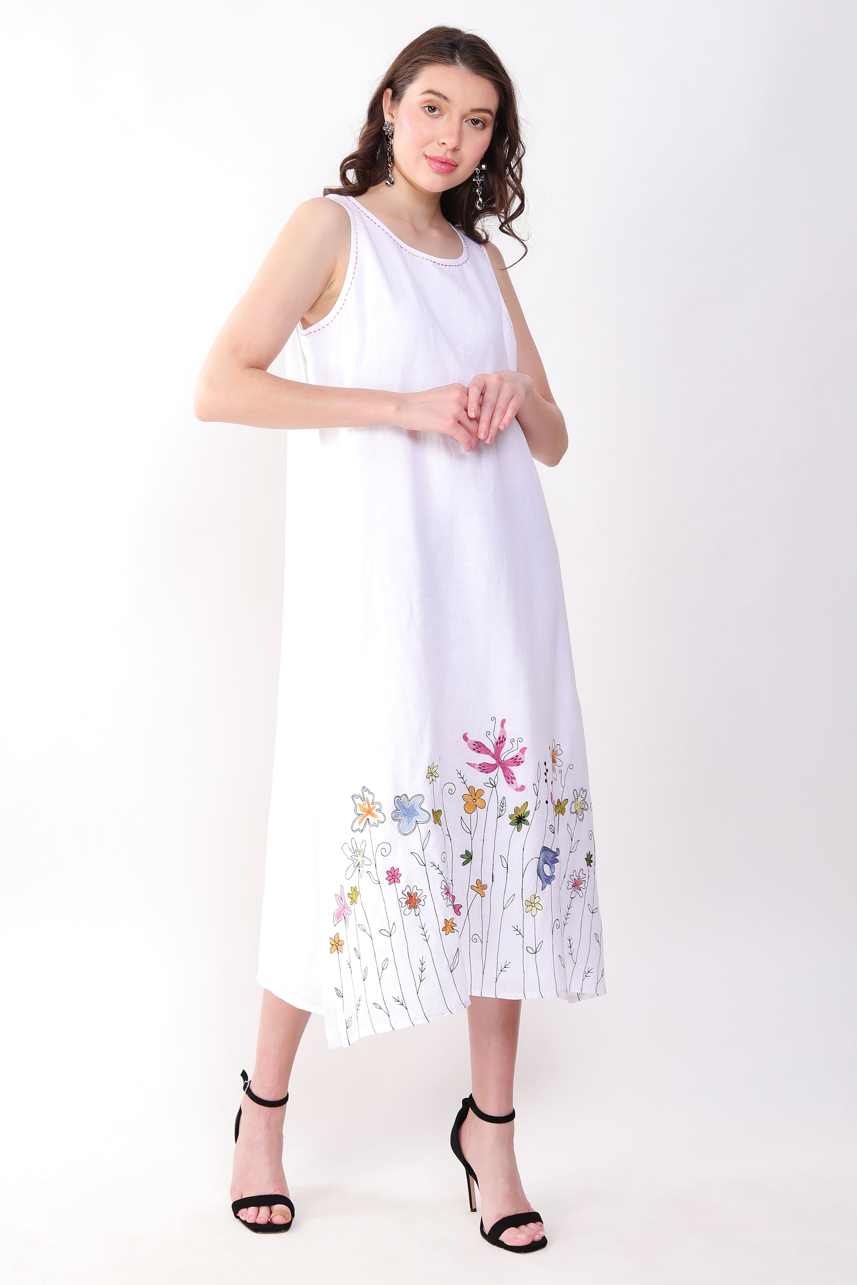 White Sleevless Dress With Floral Embroidery