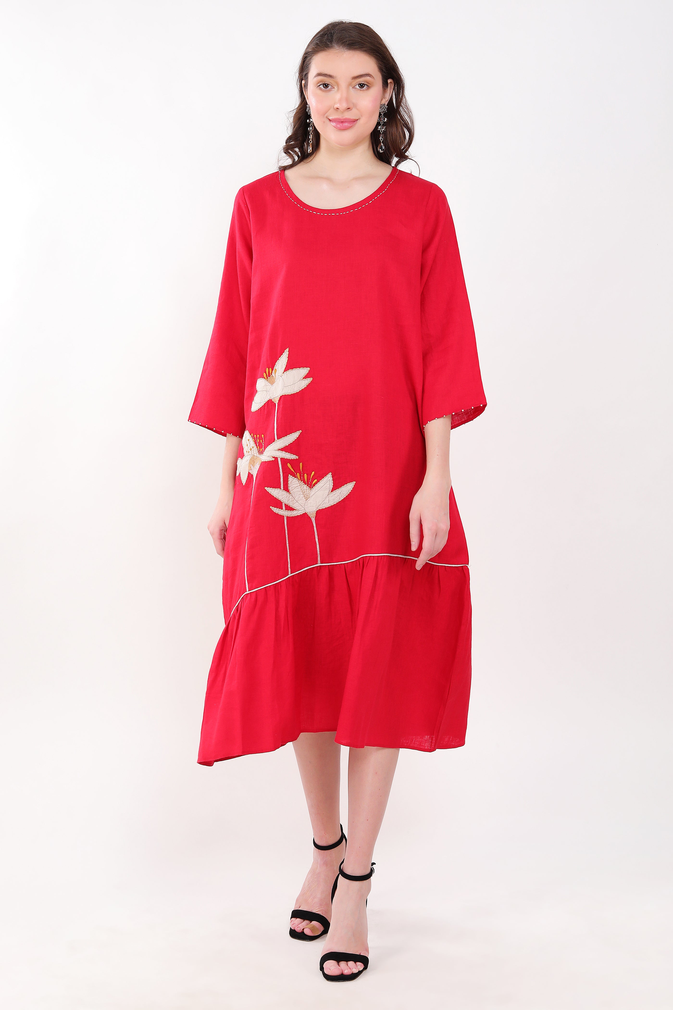 Red Embroidered Floral  Dress