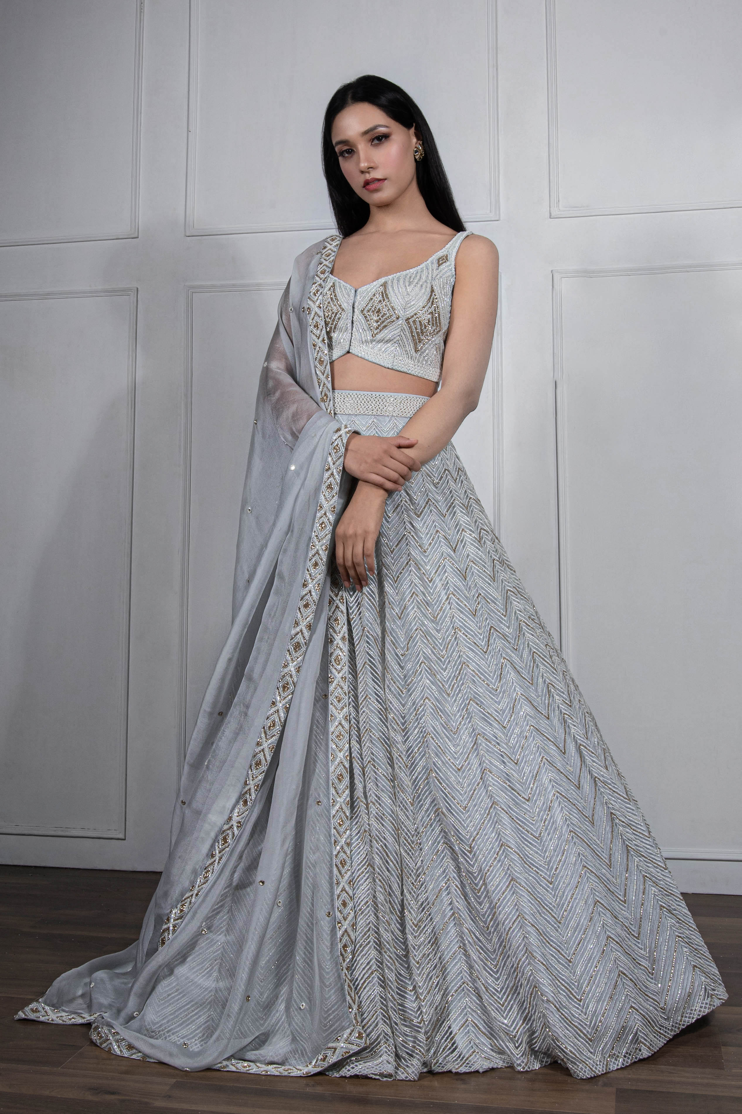 Shrena Hirawat | Shimmer dress, Shimmer lehenga, Silver blouse