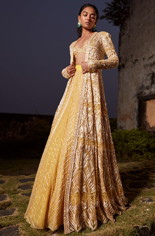 Buy Yellow Foil Embroidered Georgette Lehenga Set Party Wear Online at Best  Price | Cbazaar
