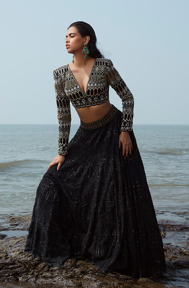 Katya Black Lehenga Set With Hand Embroidered Shoulder Pad Blouse