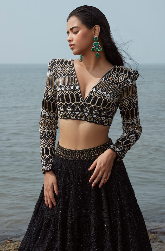 Black and Gold Embroidered Lehenga – Lashkaraa