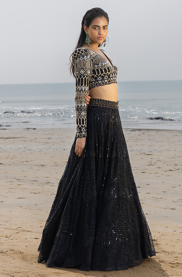 Katya Black Lehenga Set With Hand Embroidered Shoulder Pad Blouse