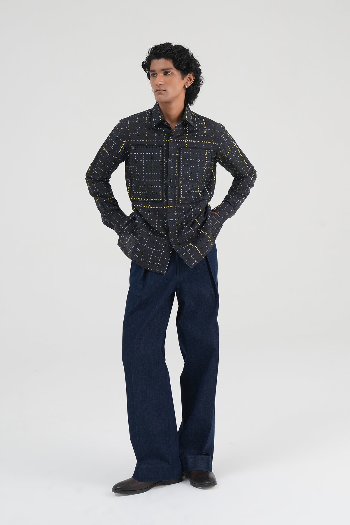 Grid Print Cotton Linen Shirt