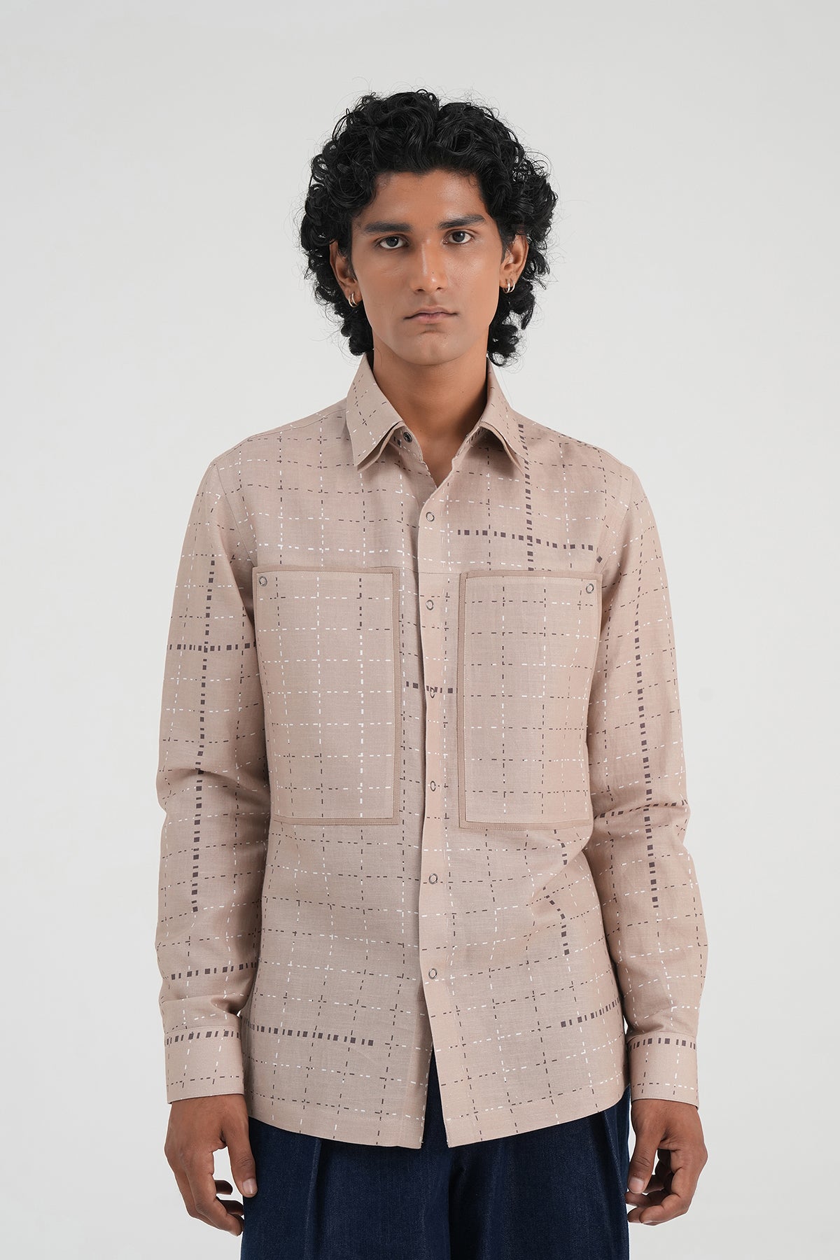 Grid Print Cotton Linen Shirt