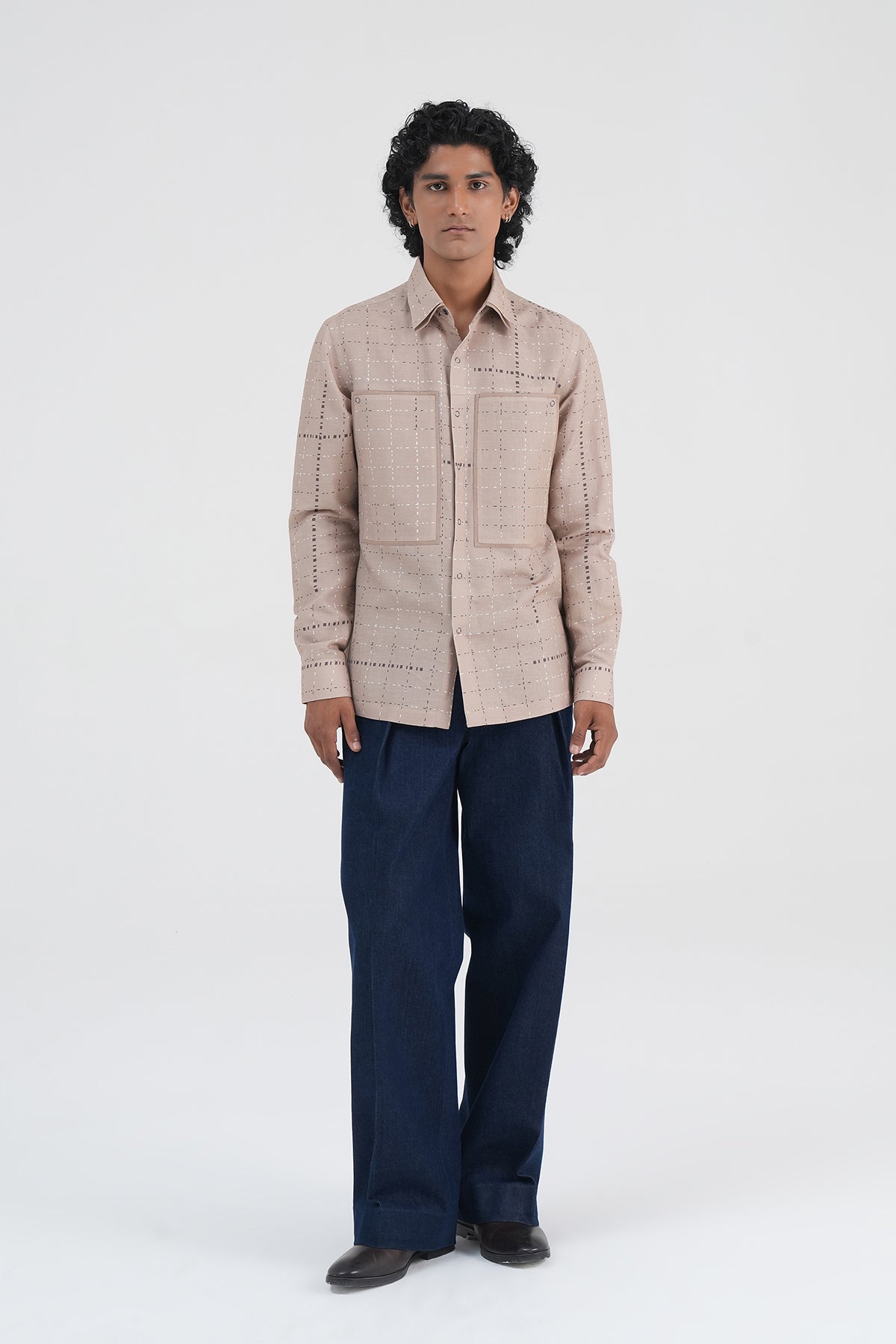 Grid Print Cotton Linen Shirt