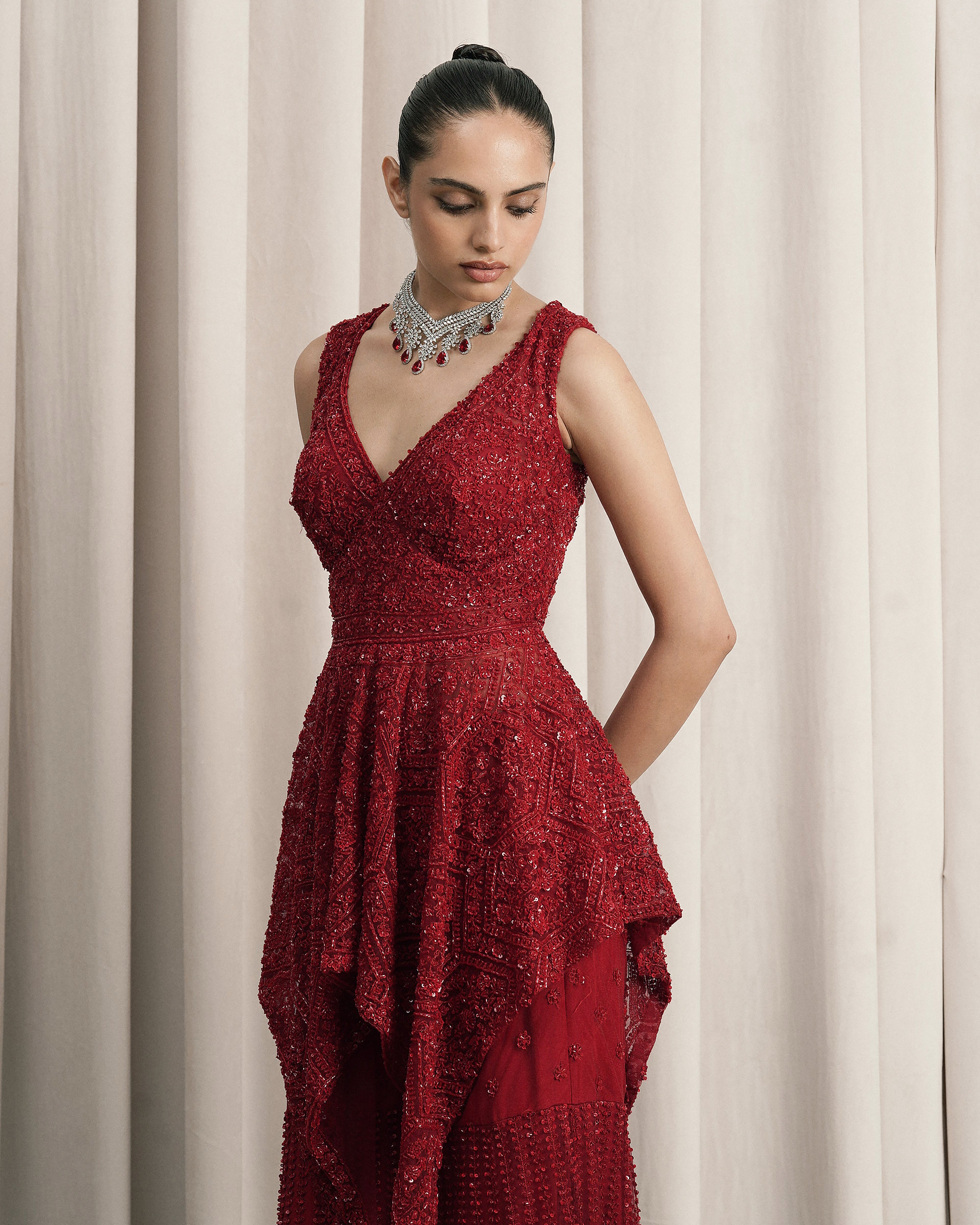 Red Embroidered Net Sharara Set With Dupatta