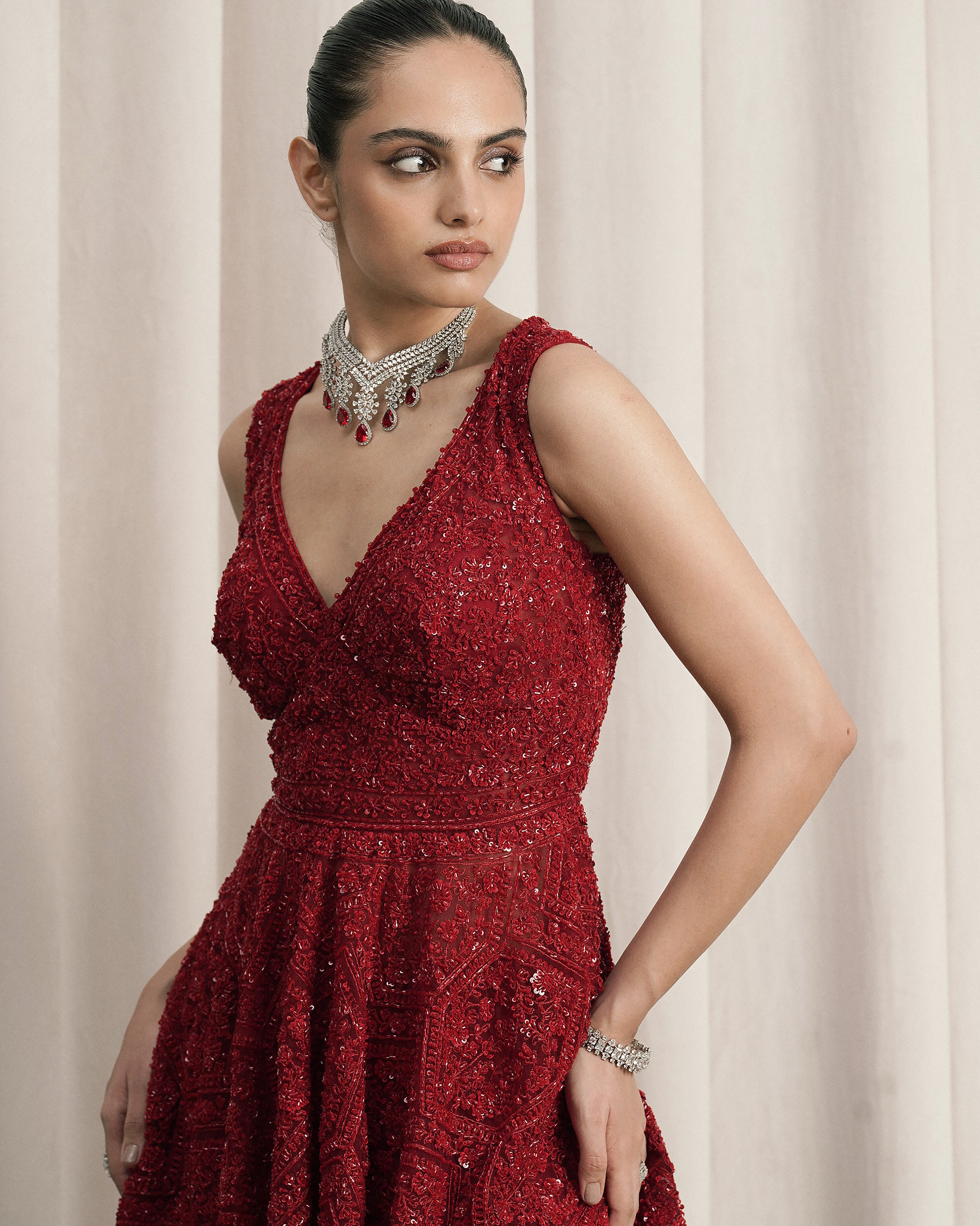 Red Embroidered Net Sharara Set With Dupatta