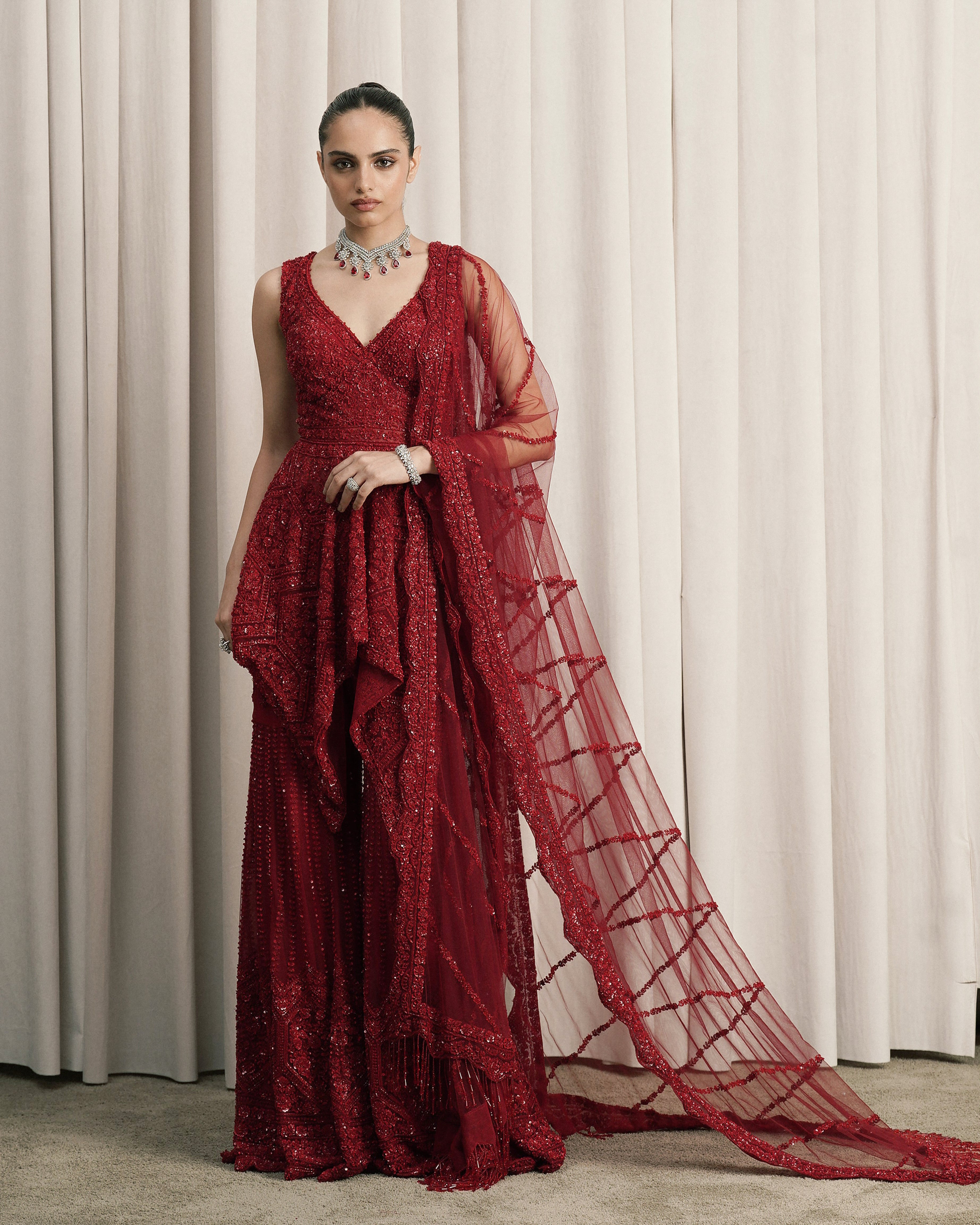 Red Embroidered Net Sharara Set With Dupatta