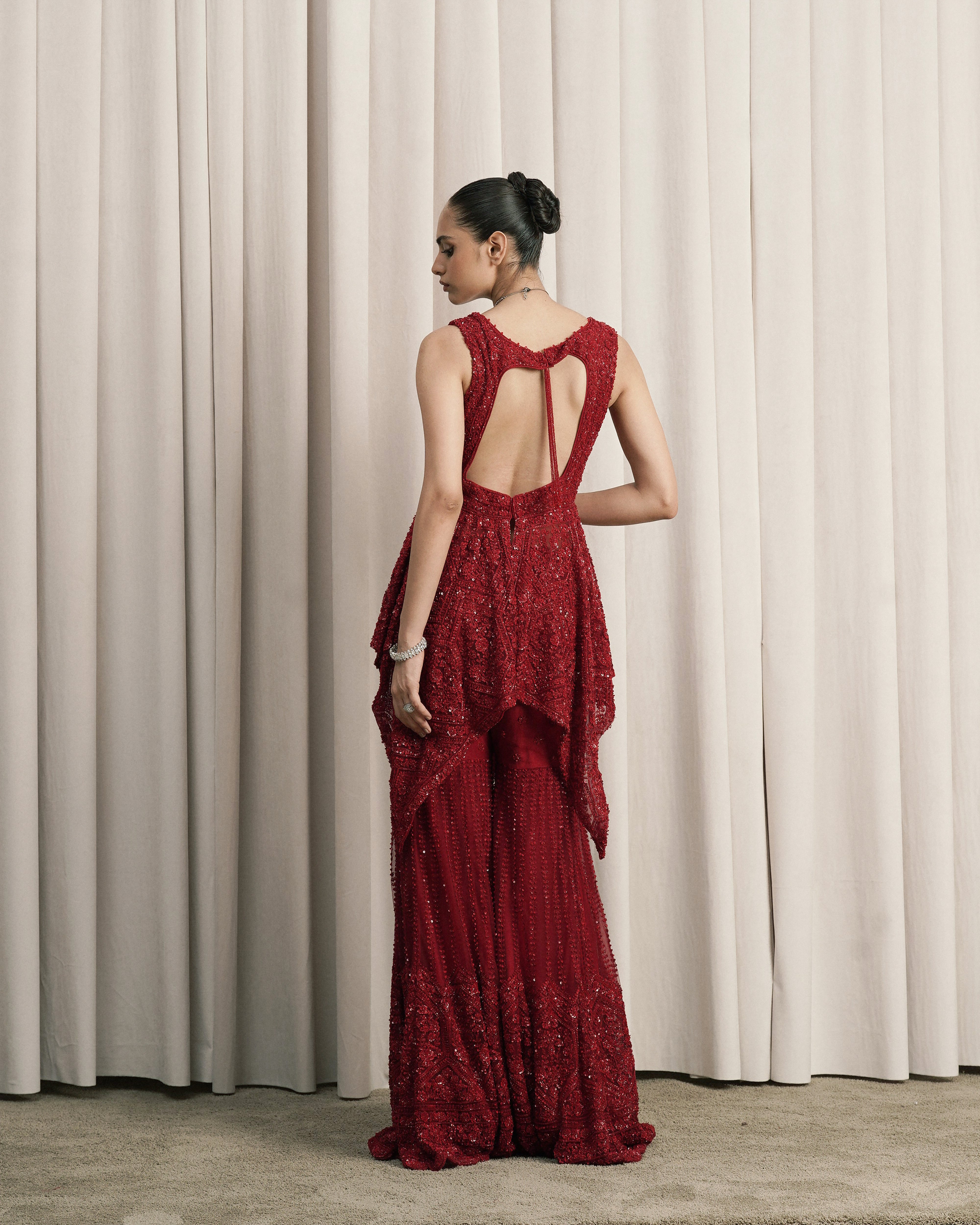 Red Embroidered Net Sharara Set With Dupatta