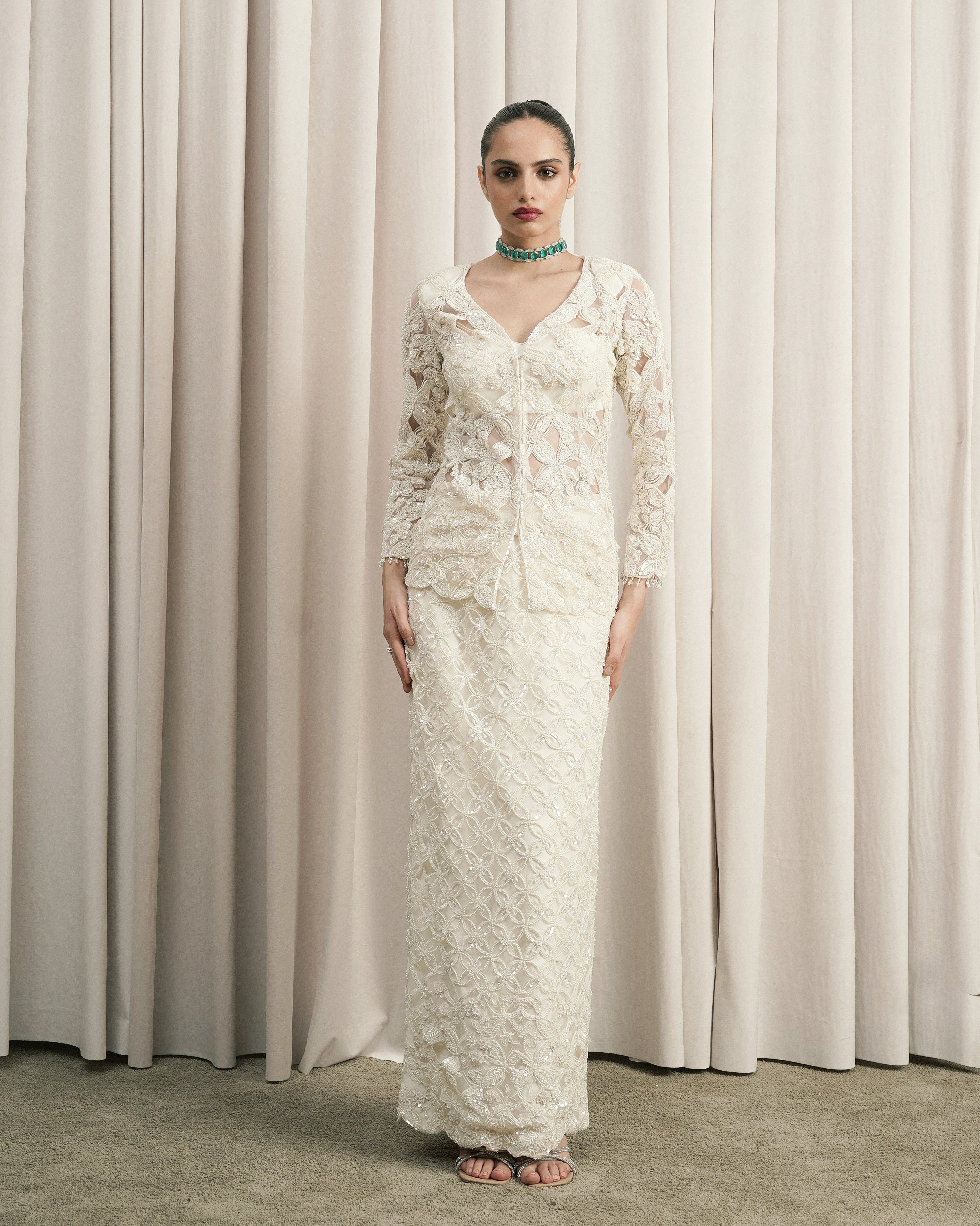 Ivory Embroidered Open Jacket Set With Skirt