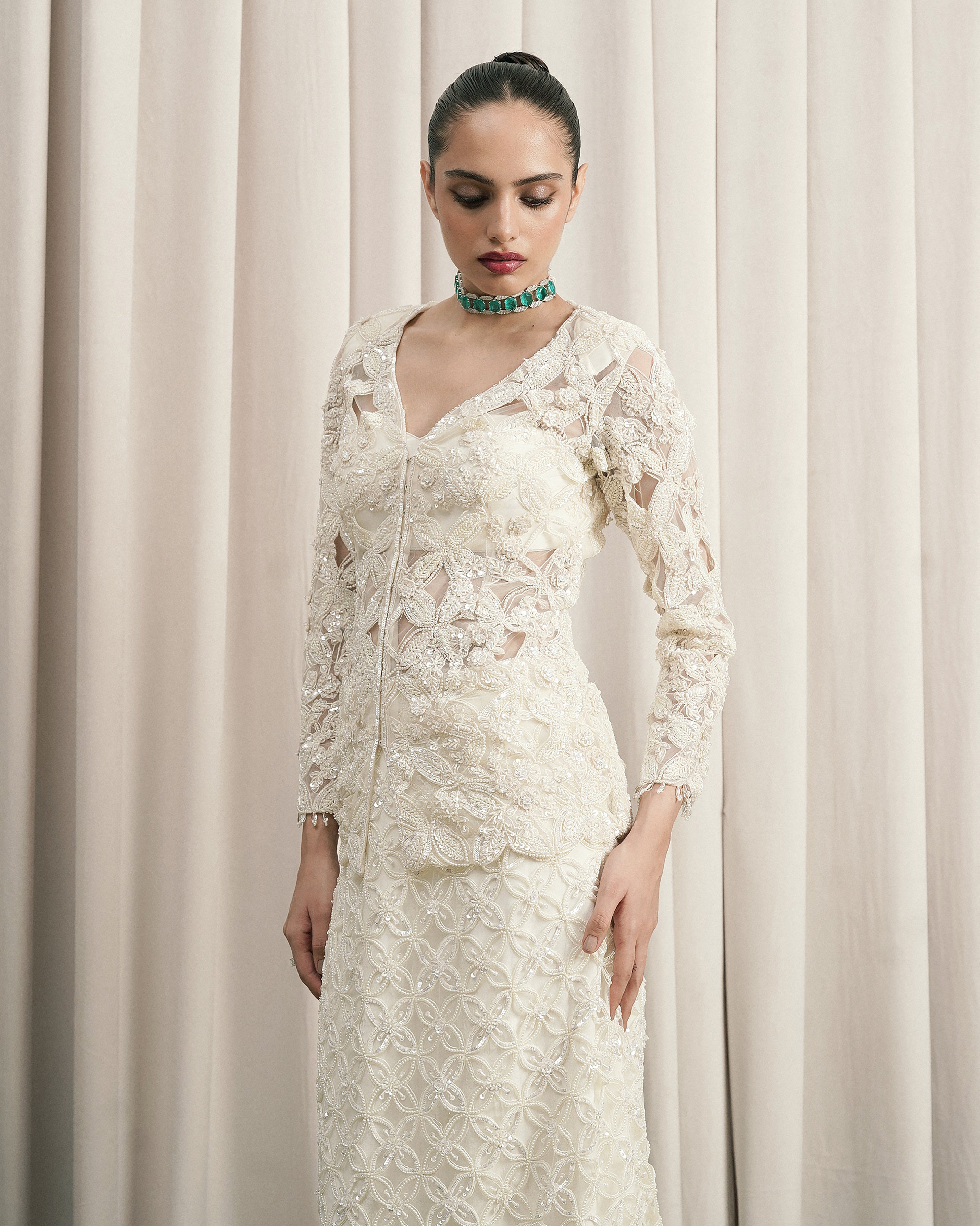 Ivory Embroidered Open Jacket Set With Skirt
