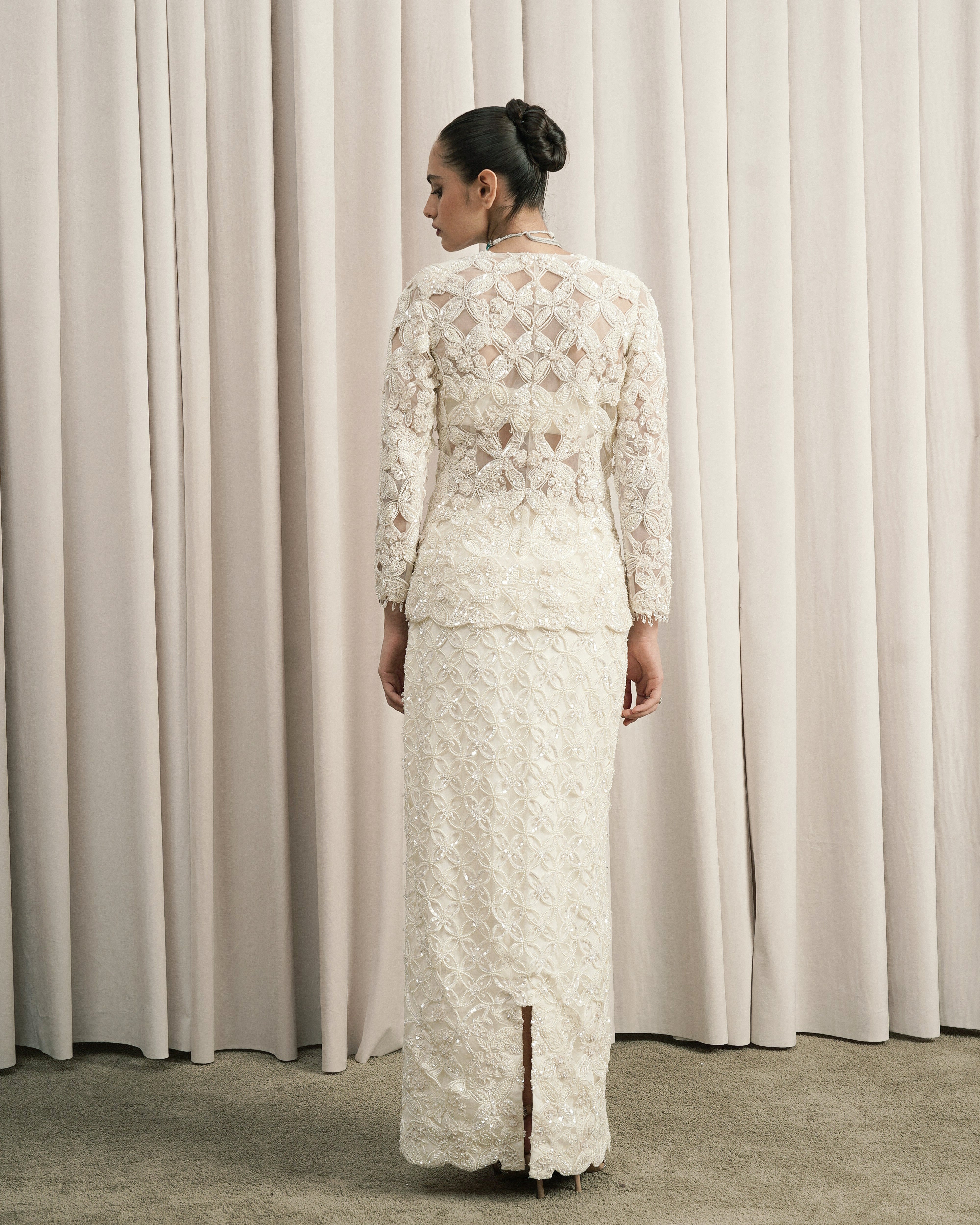 Ivory Embroidered Open Jacket Set With Skirt