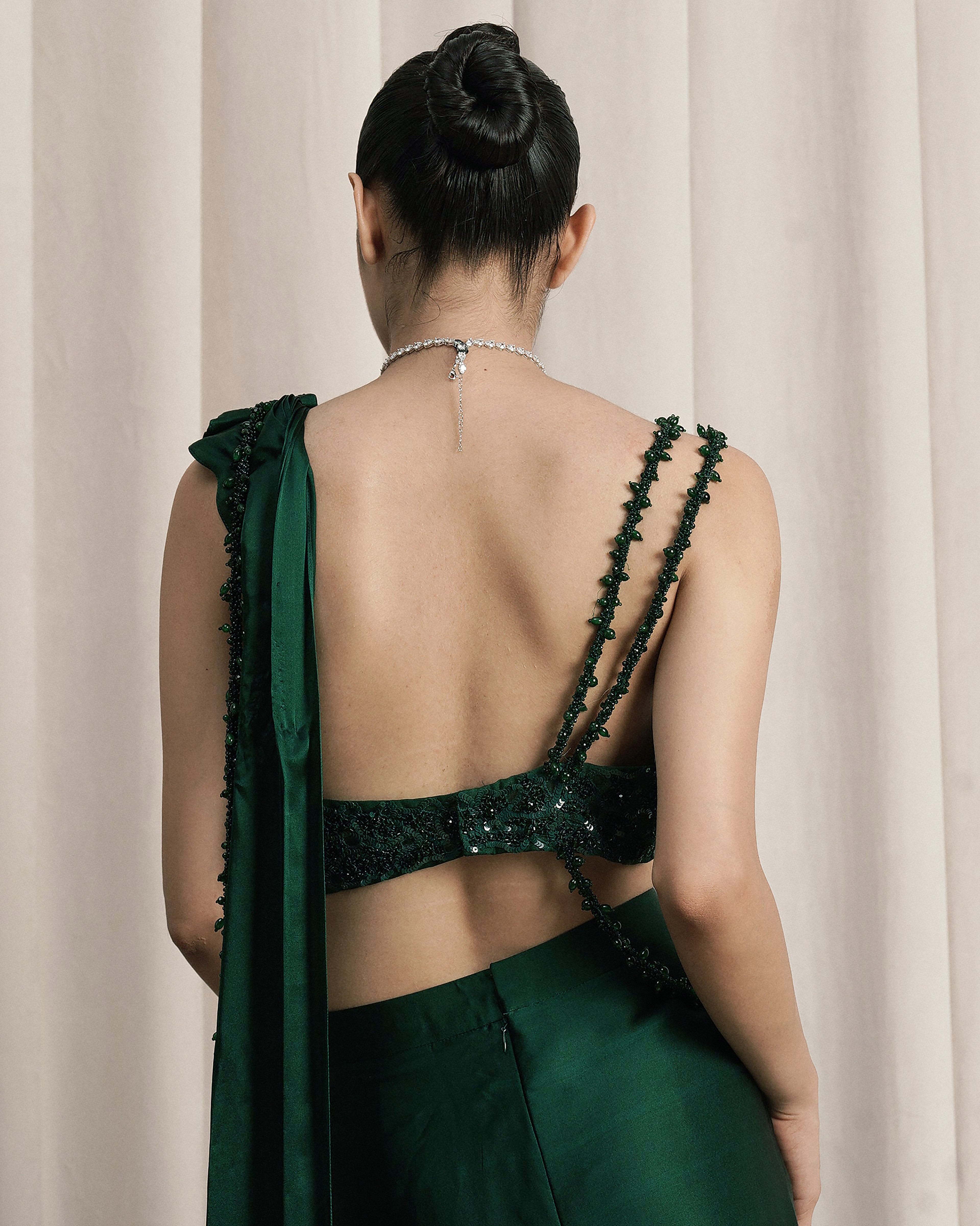 Emerald Green Draped Satin Saree