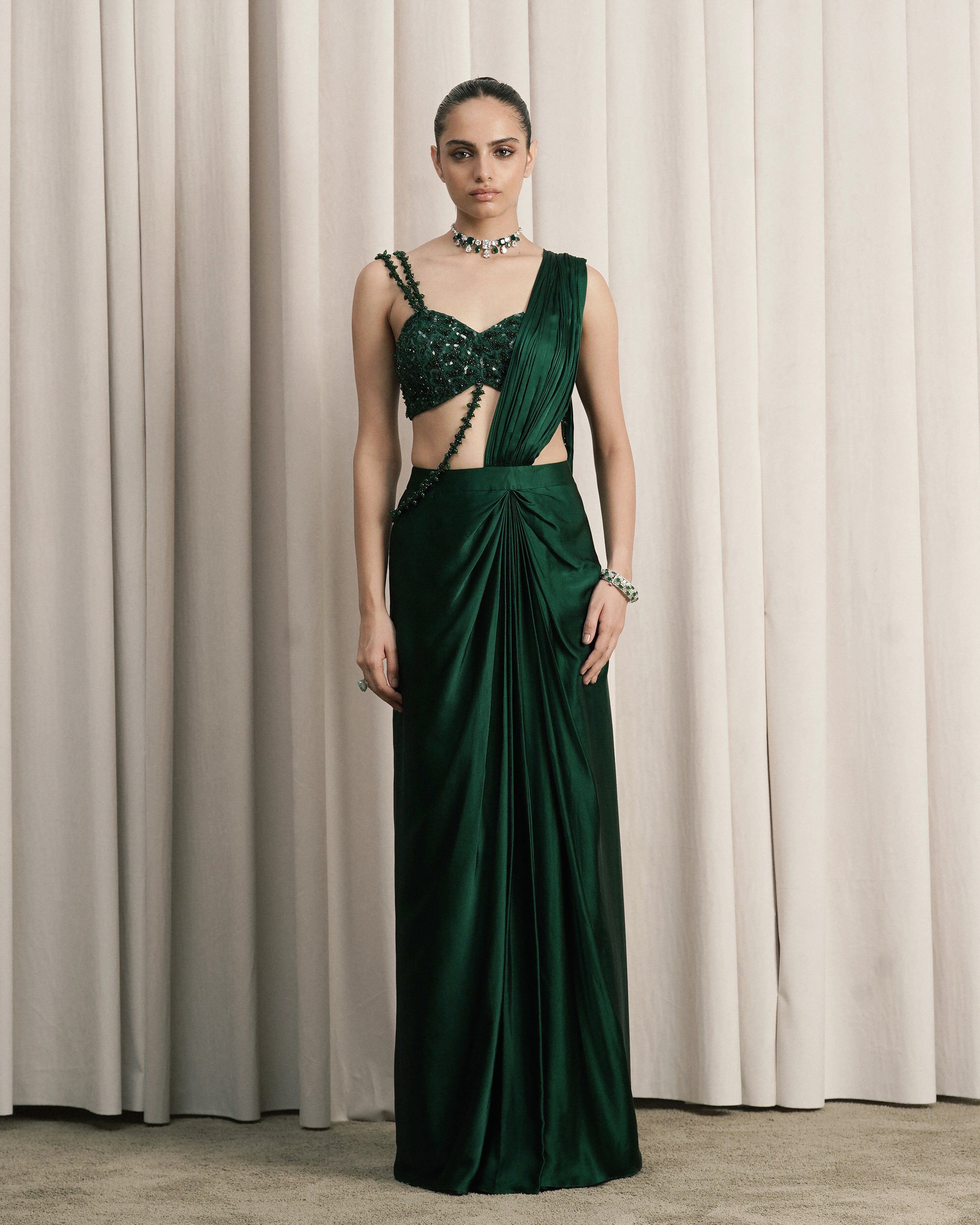 Emerald Green Draped Satin Saree