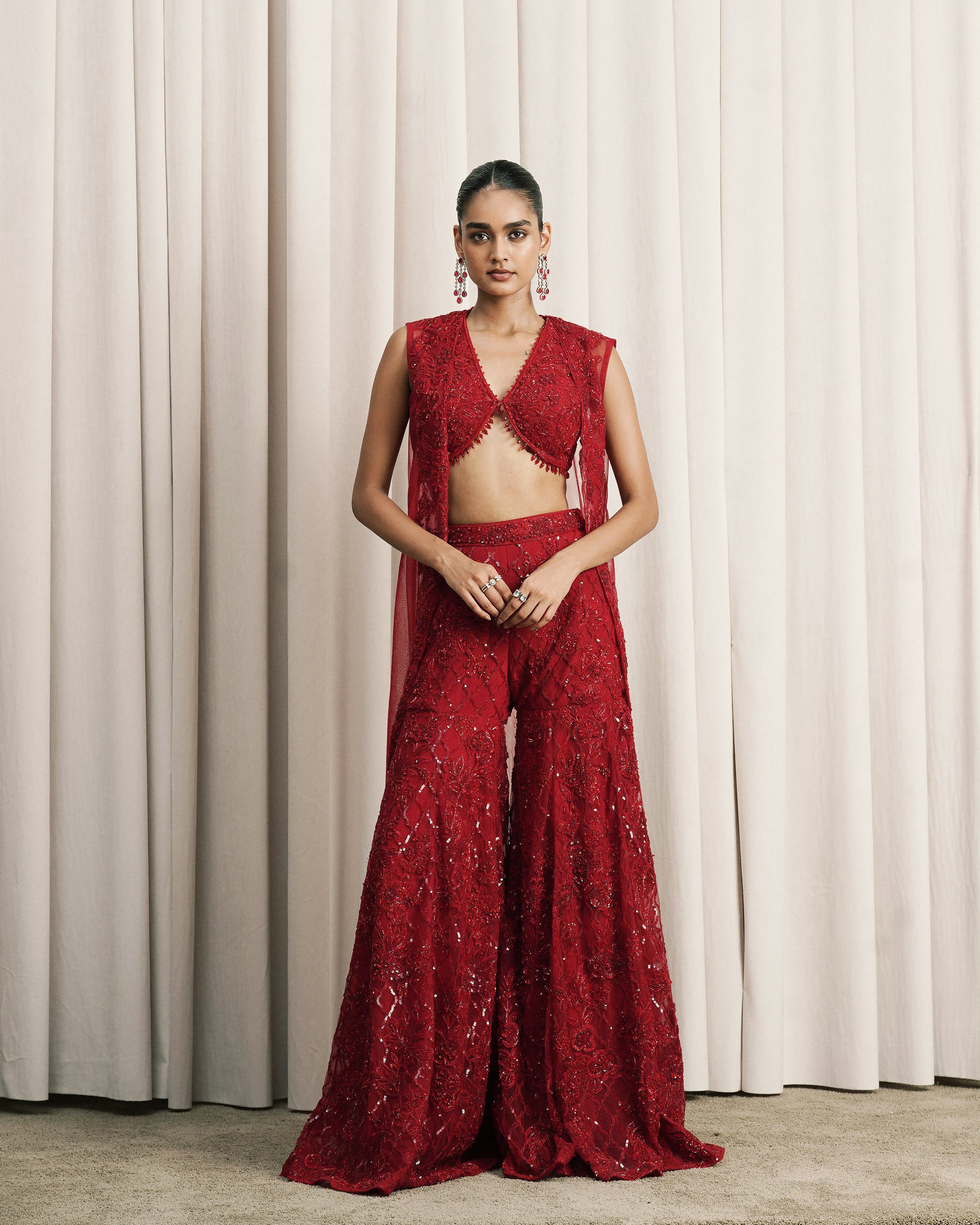 Red Embroidered Jacket Set With Bustier And Pants