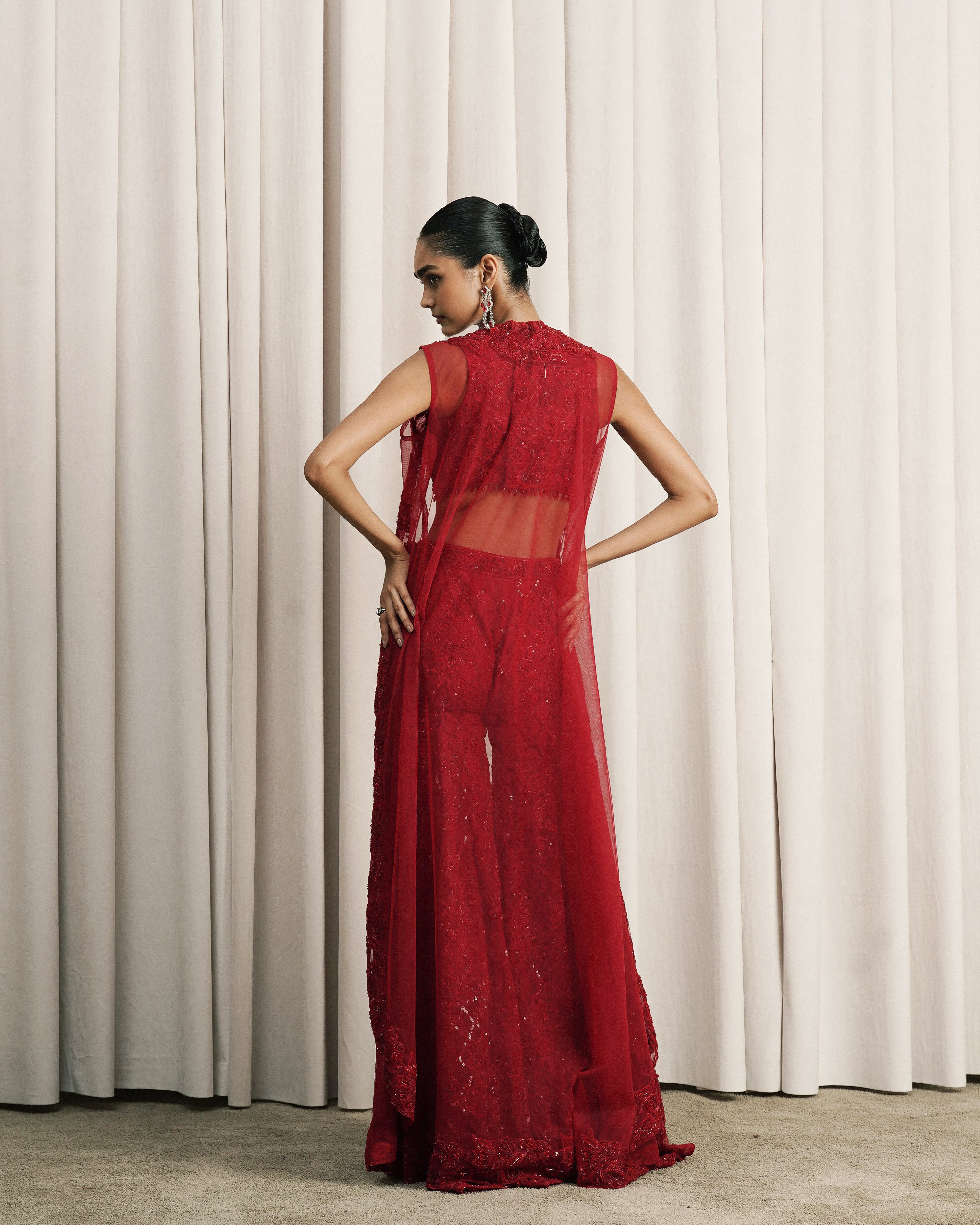 Red Embroidered Jacket Set With Bustier And Pants