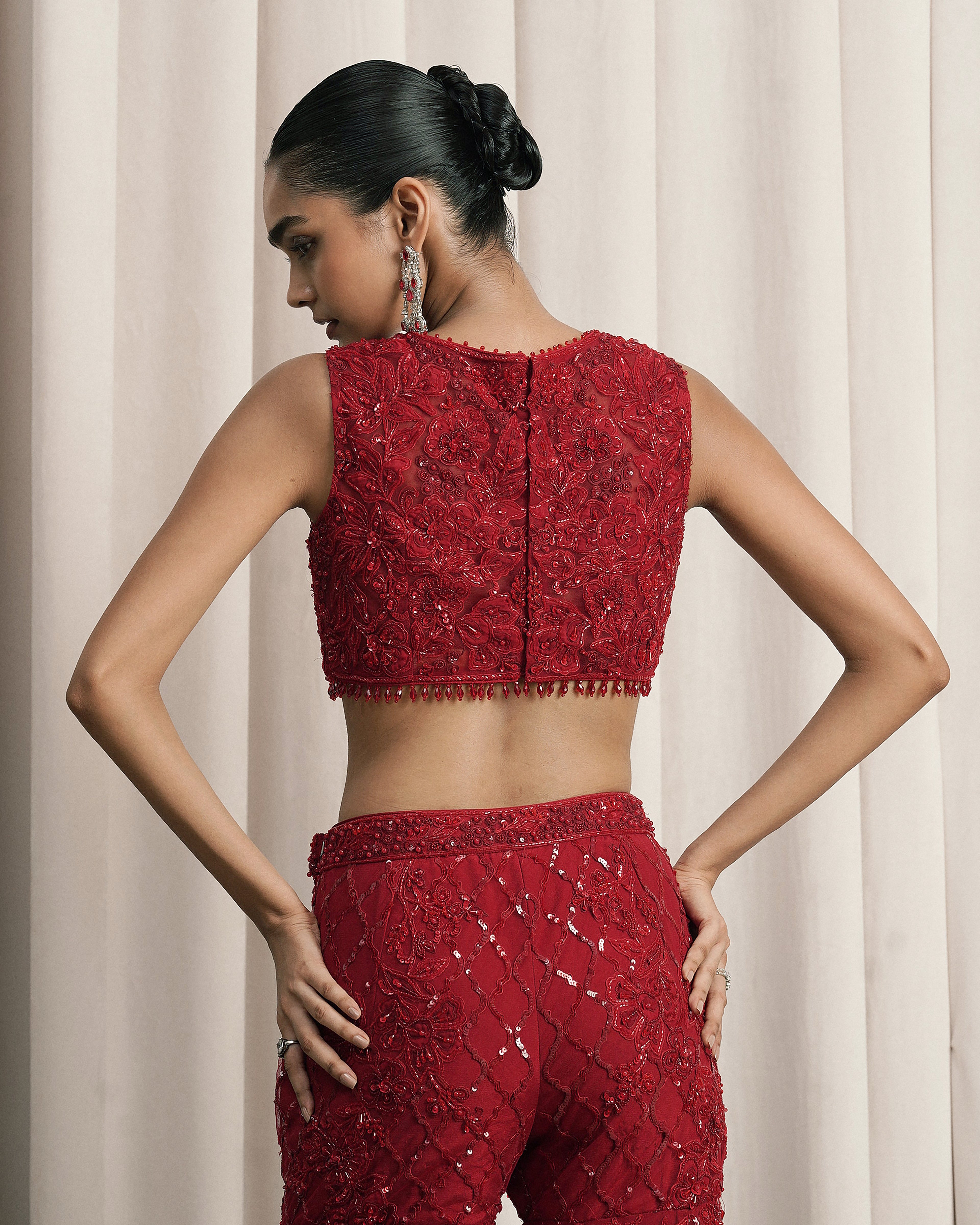 Red Embroidered Jacket Set With Bustier And Pants