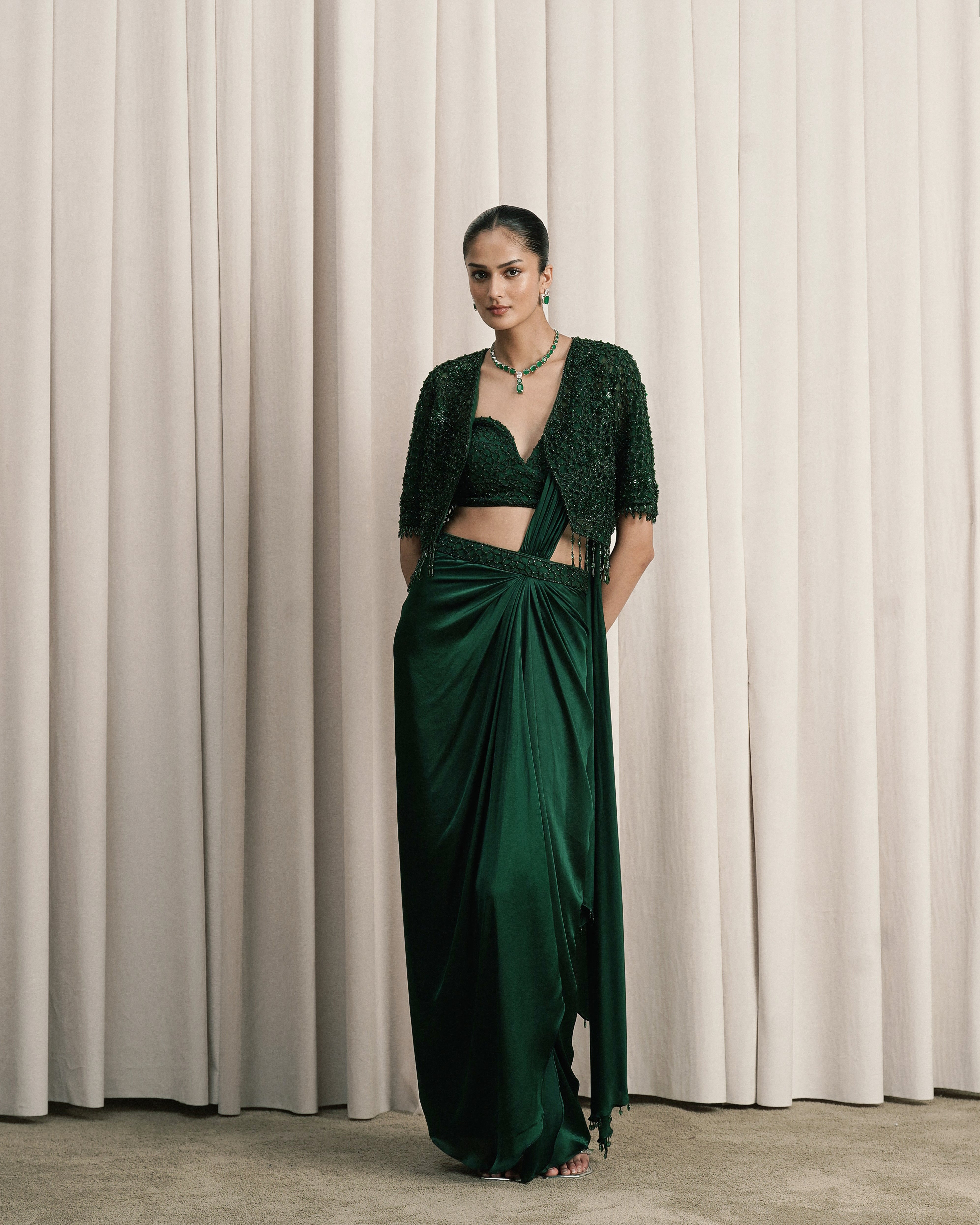 Emerald Green Draped Saree With Embroidered Jacket