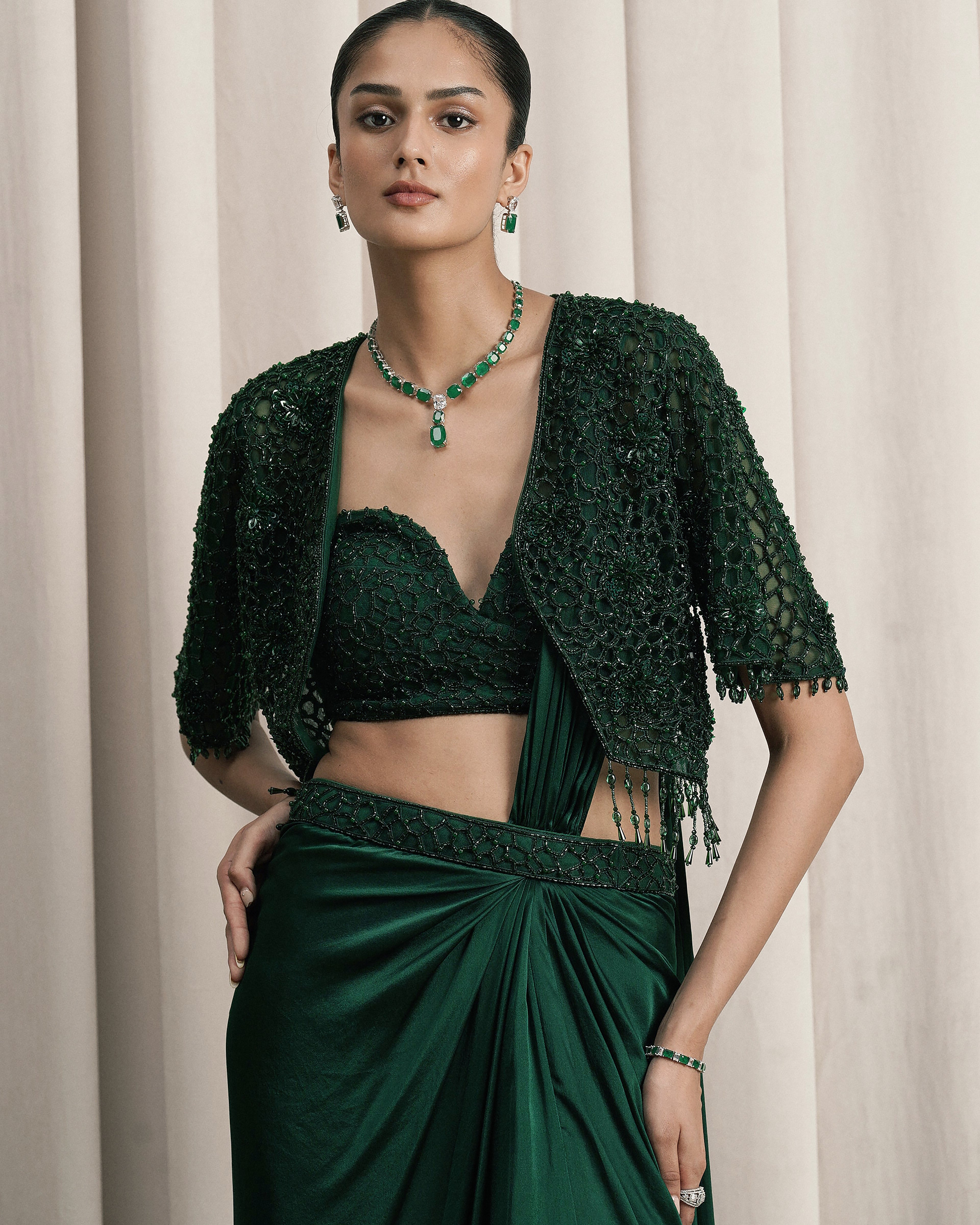 Emerald Green Draped Saree With Embroidered Jacket