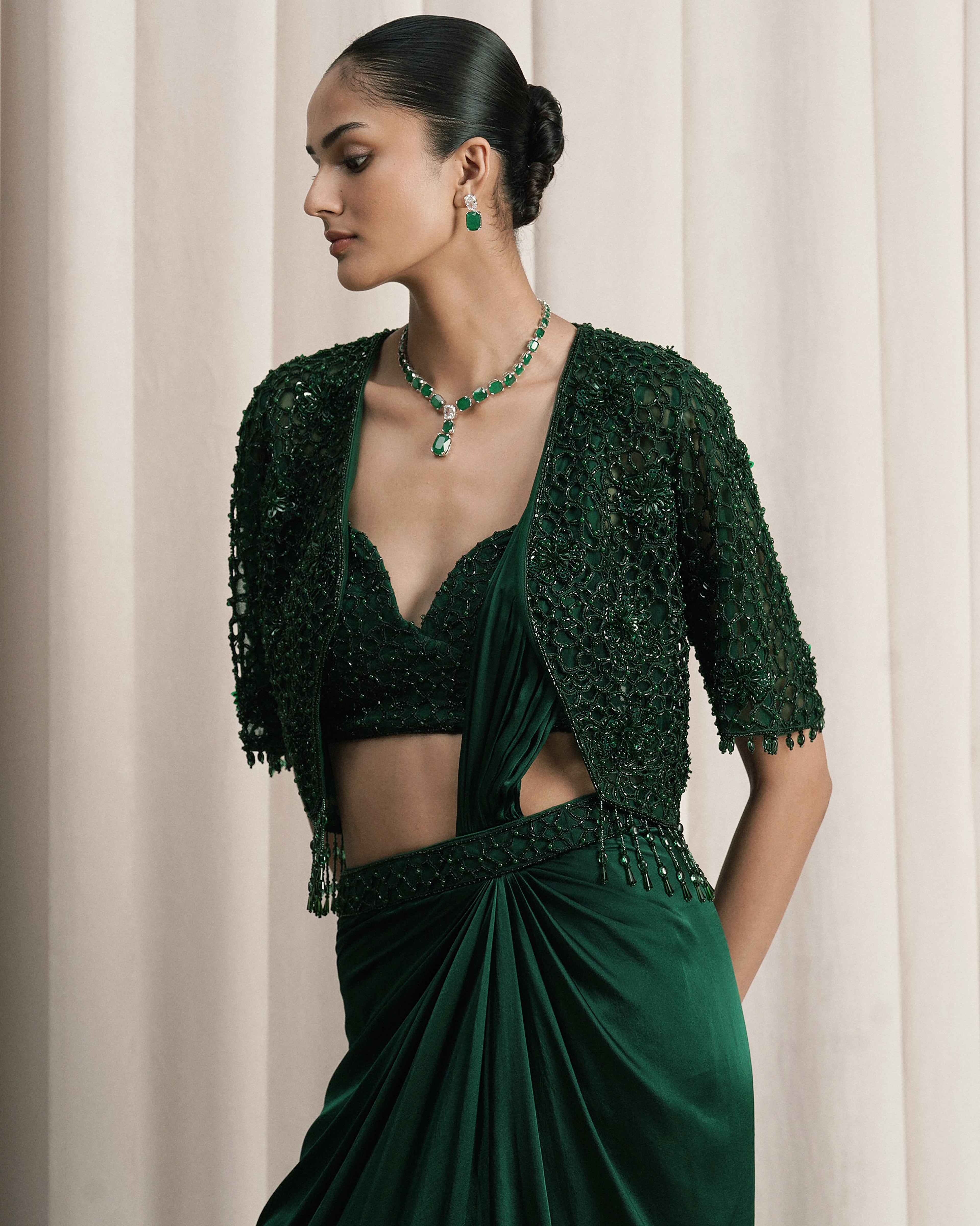 Emerald Green Draped Saree With Embroidered Jacket