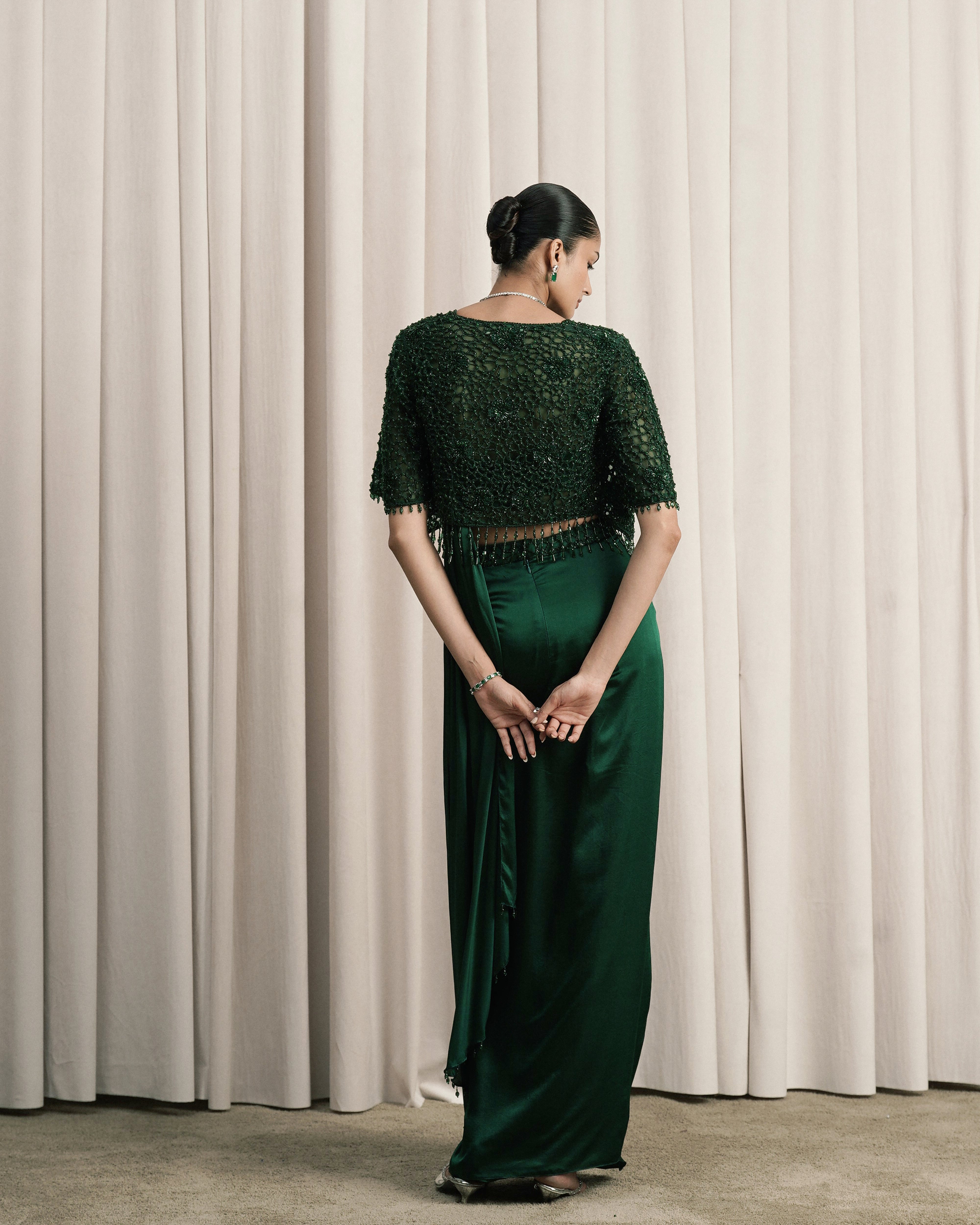 Emerald Green Draped Saree With Embroidered Jacket